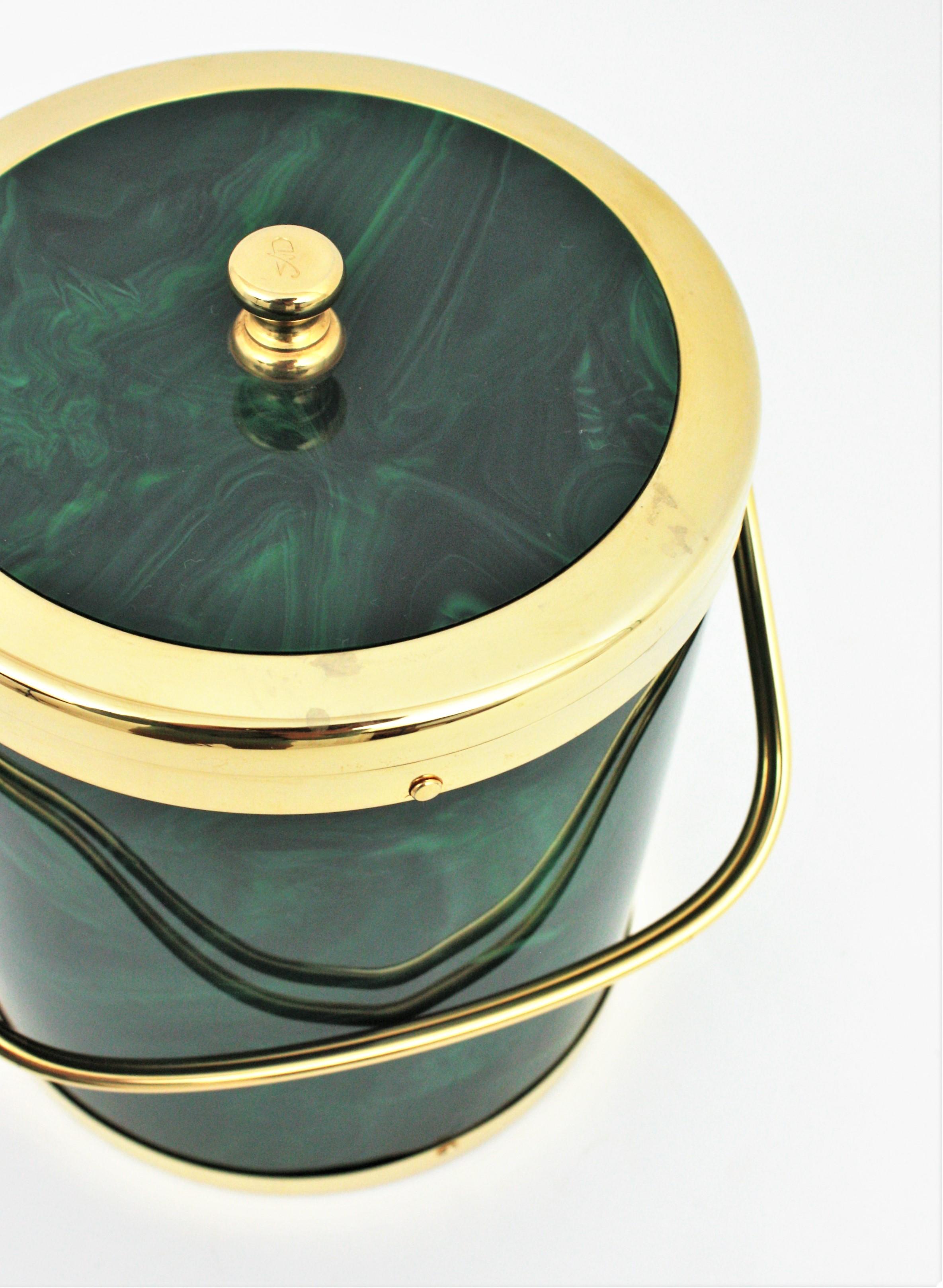 Spanish Modernist Faux Malachite and Brass Ice Bucket with Tongs 4