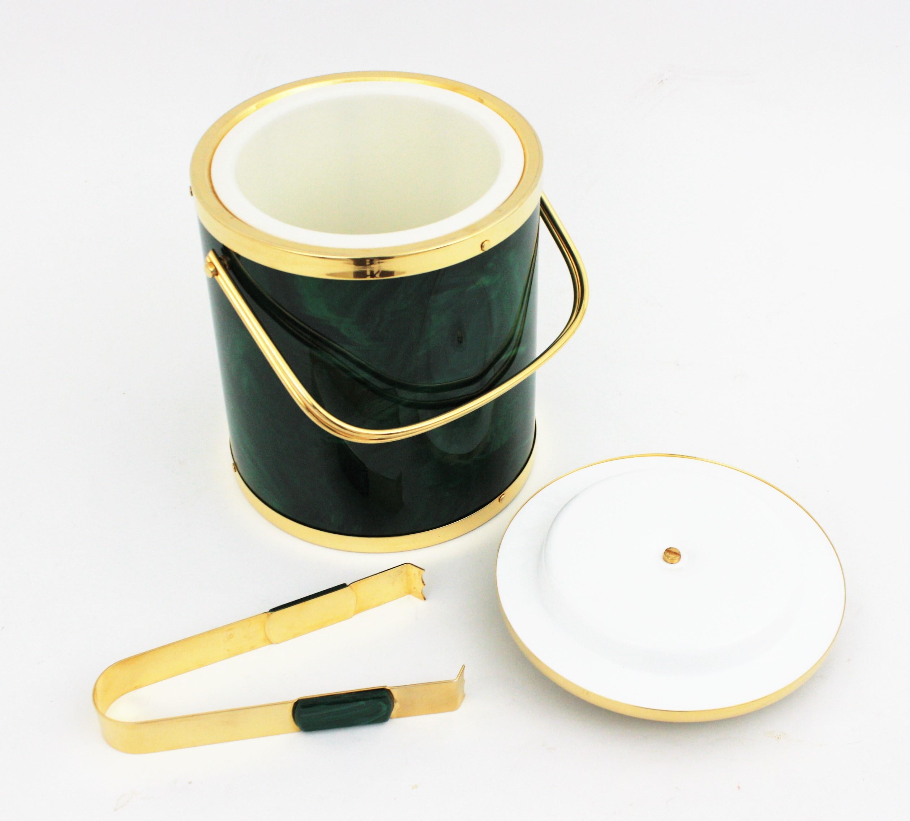 Spanish Modernist Faux Malachite and Brass Ice Bucket with Tongs 5