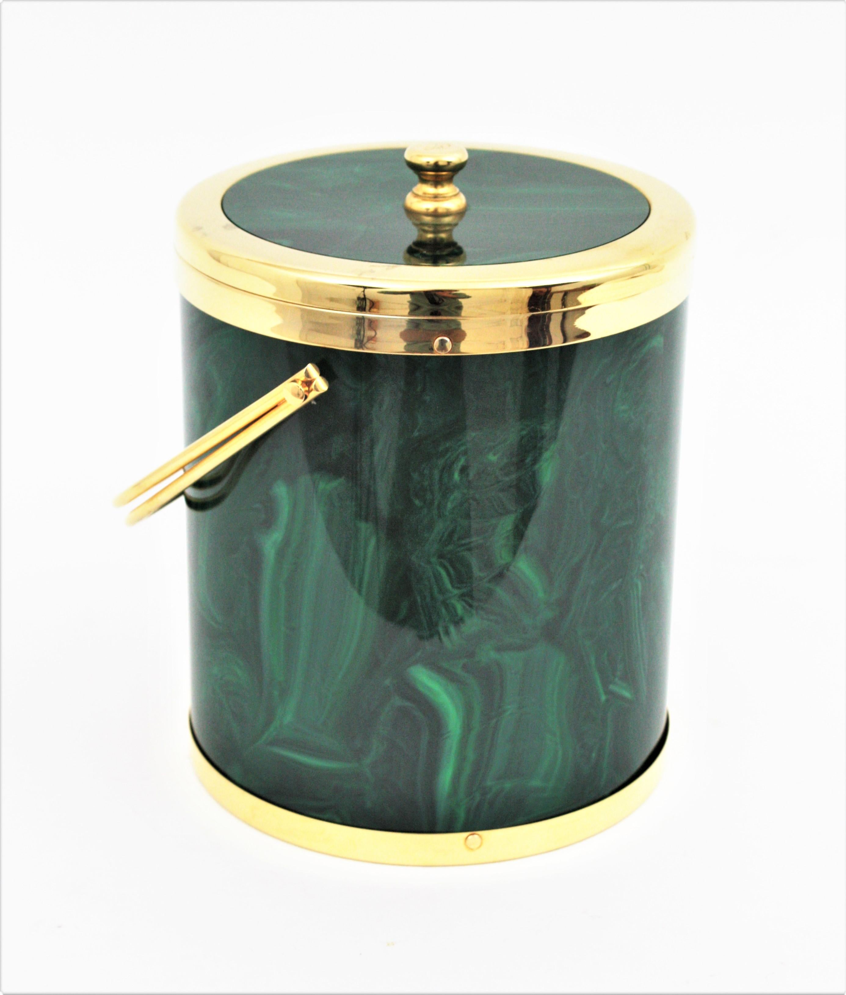 Mid-Century Modern Spanish Modernist Faux Malachite and Brass Ice Bucket with Tongs