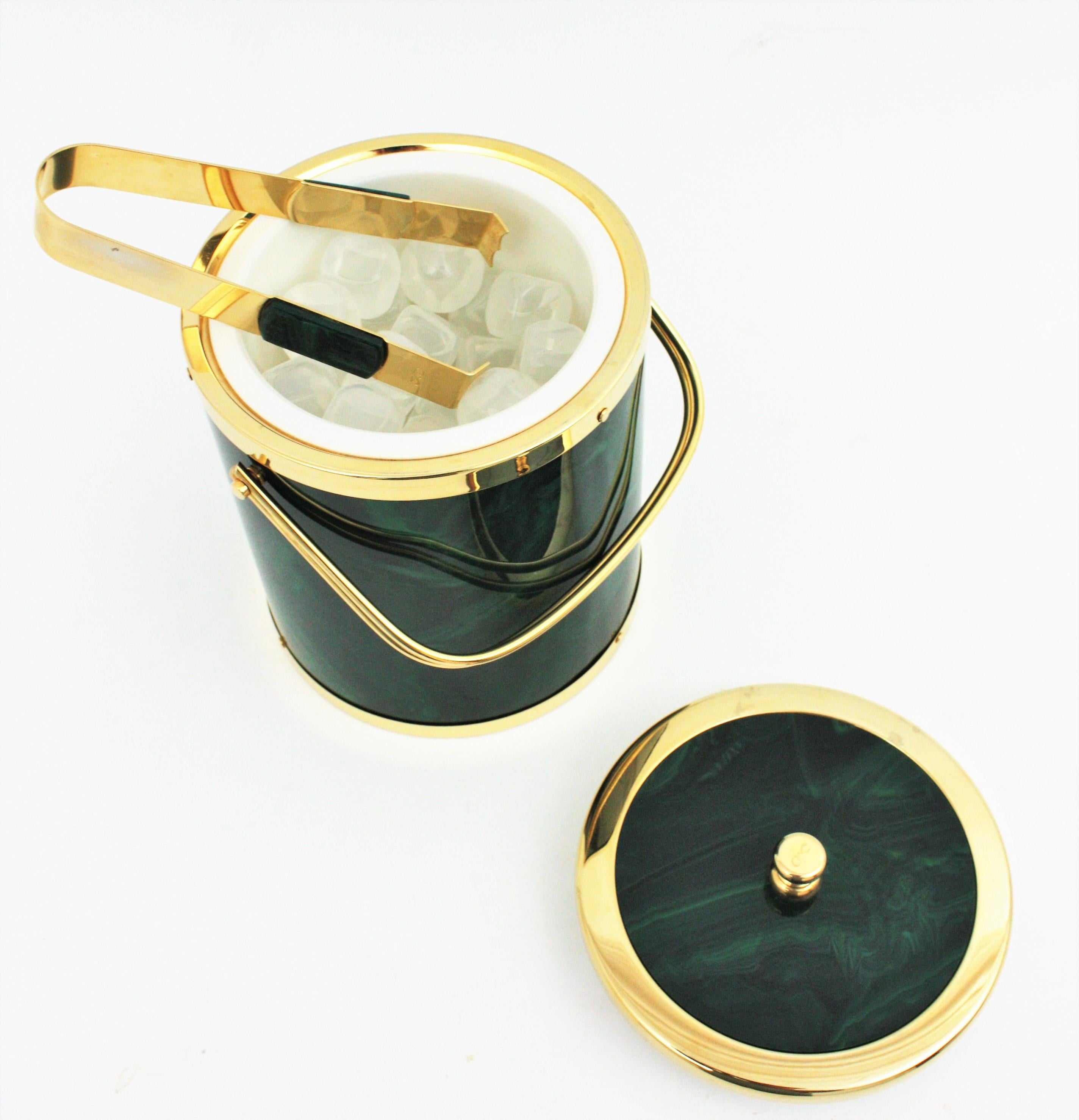 20th Century Spanish Modernist Faux Malachite and Brass Ice Bucket with Tongs