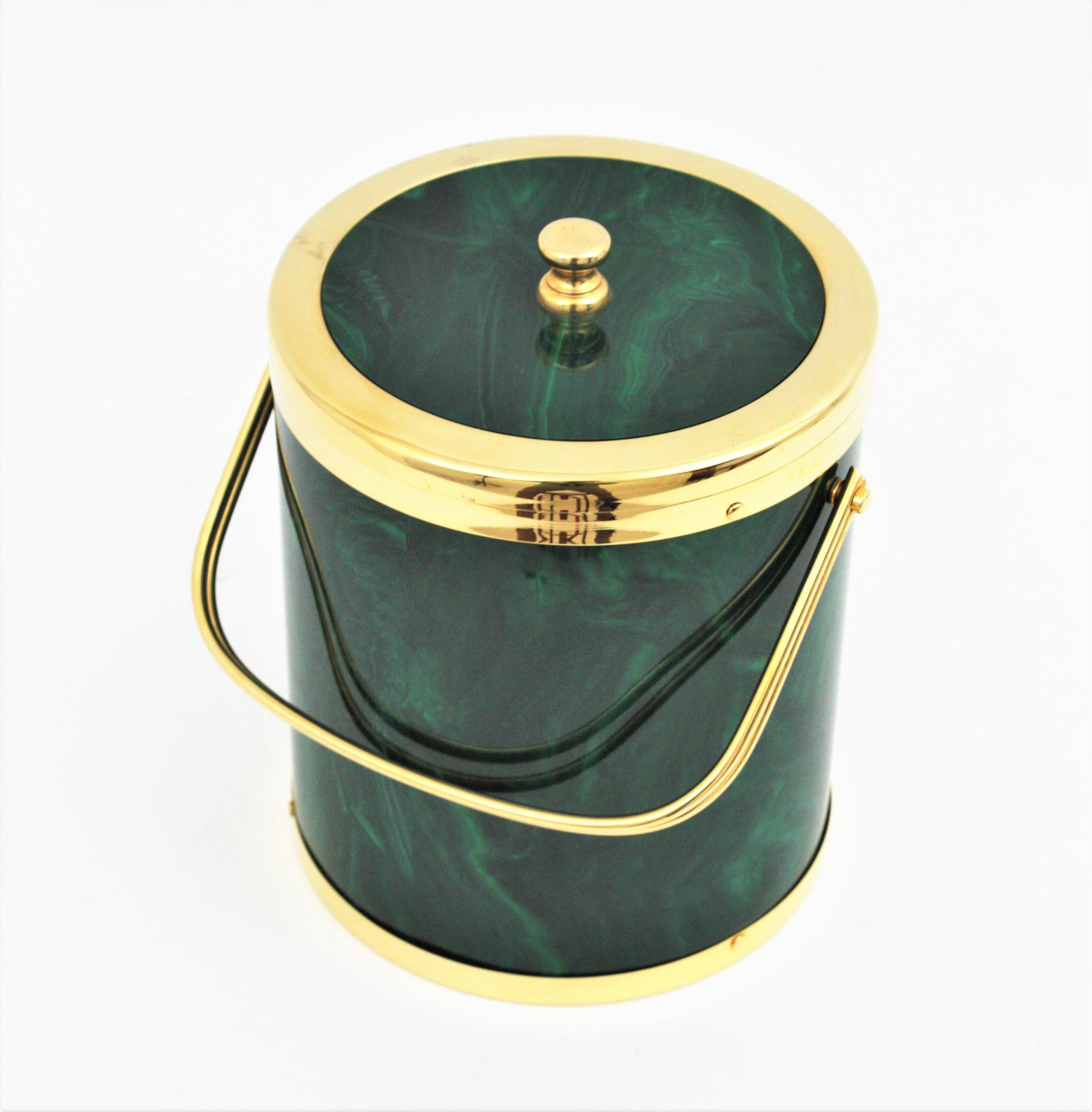 Spanish Modernist Faux Malachite and Brass Ice Bucket with Tongs