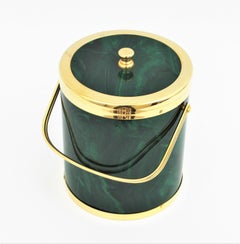 Vintage Spanish Modernist Faux Malachite and Brass Ice Bucket with Tongs