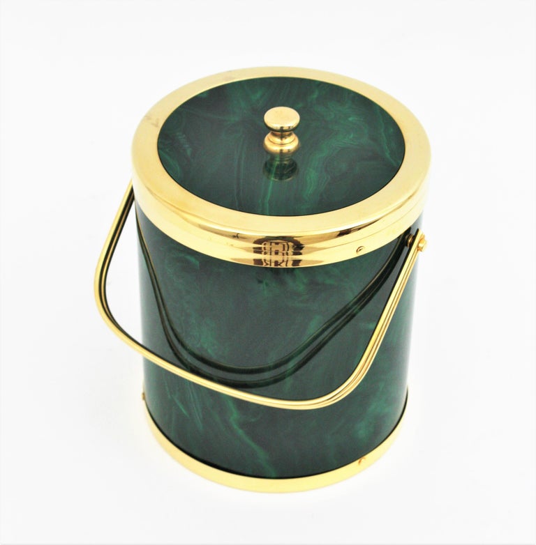 Spanish Modernist Faux Malachite and Brass Ice Bucket with Tongs For