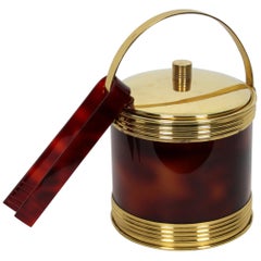 Spanish Modernist Faux Tortoise Shell and Brass Ice Bucket with Tongs