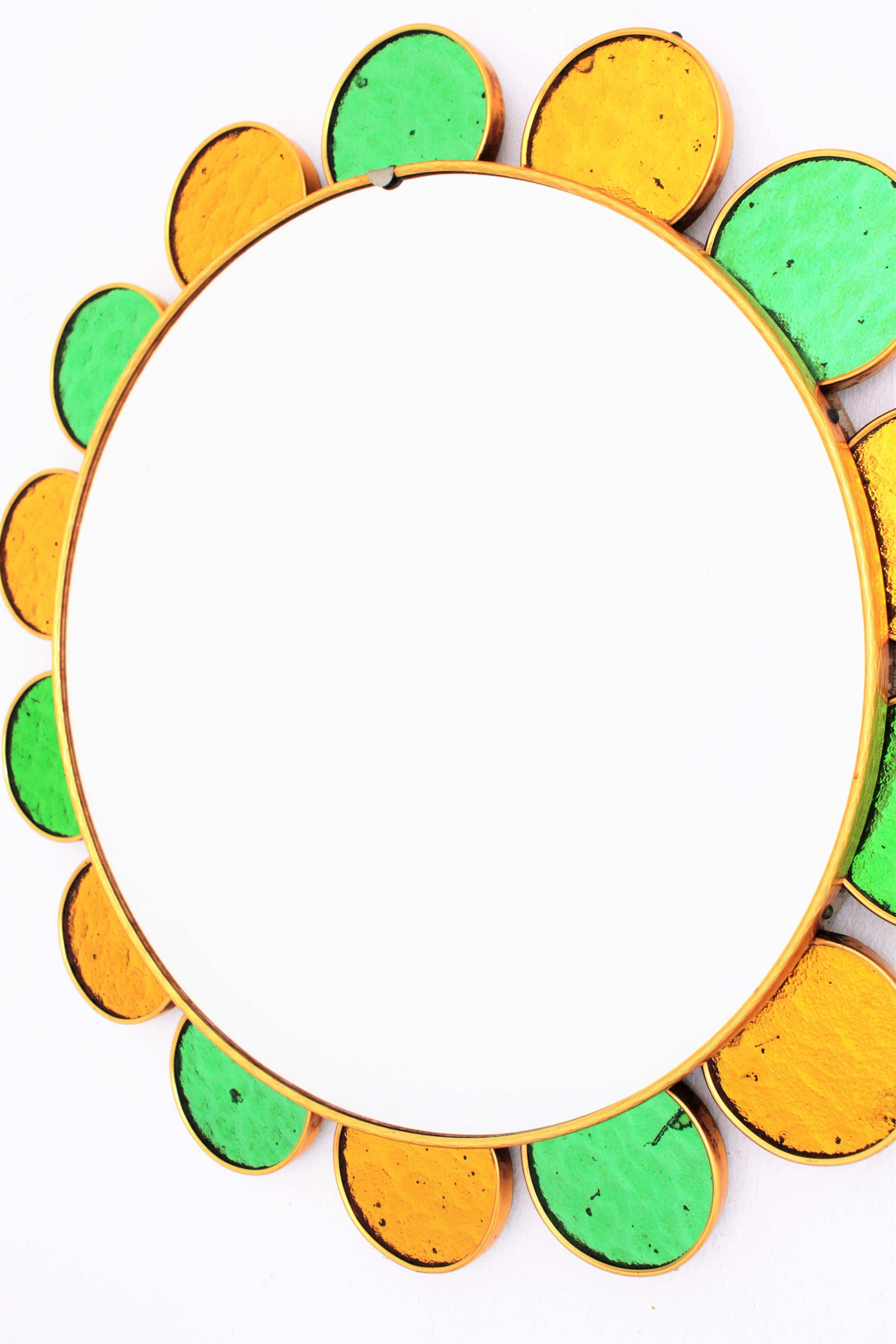 Mid-Century Modern Spanish Flower Sunburst Mirror, Green and Golden Glass Petals Frame For Sale