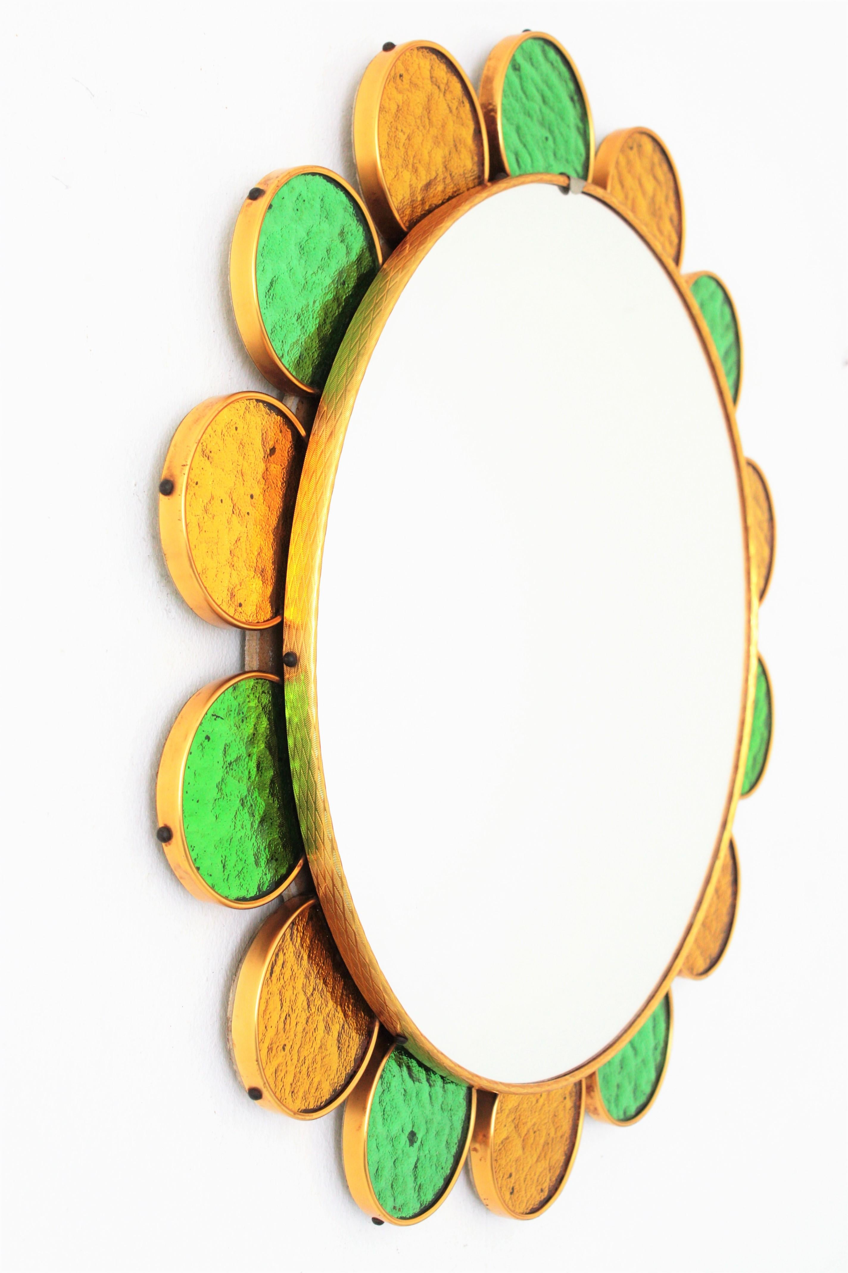 20th Century Spanish Flower Sunburst Mirror, Green and Golden Glass Petals Frame For Sale