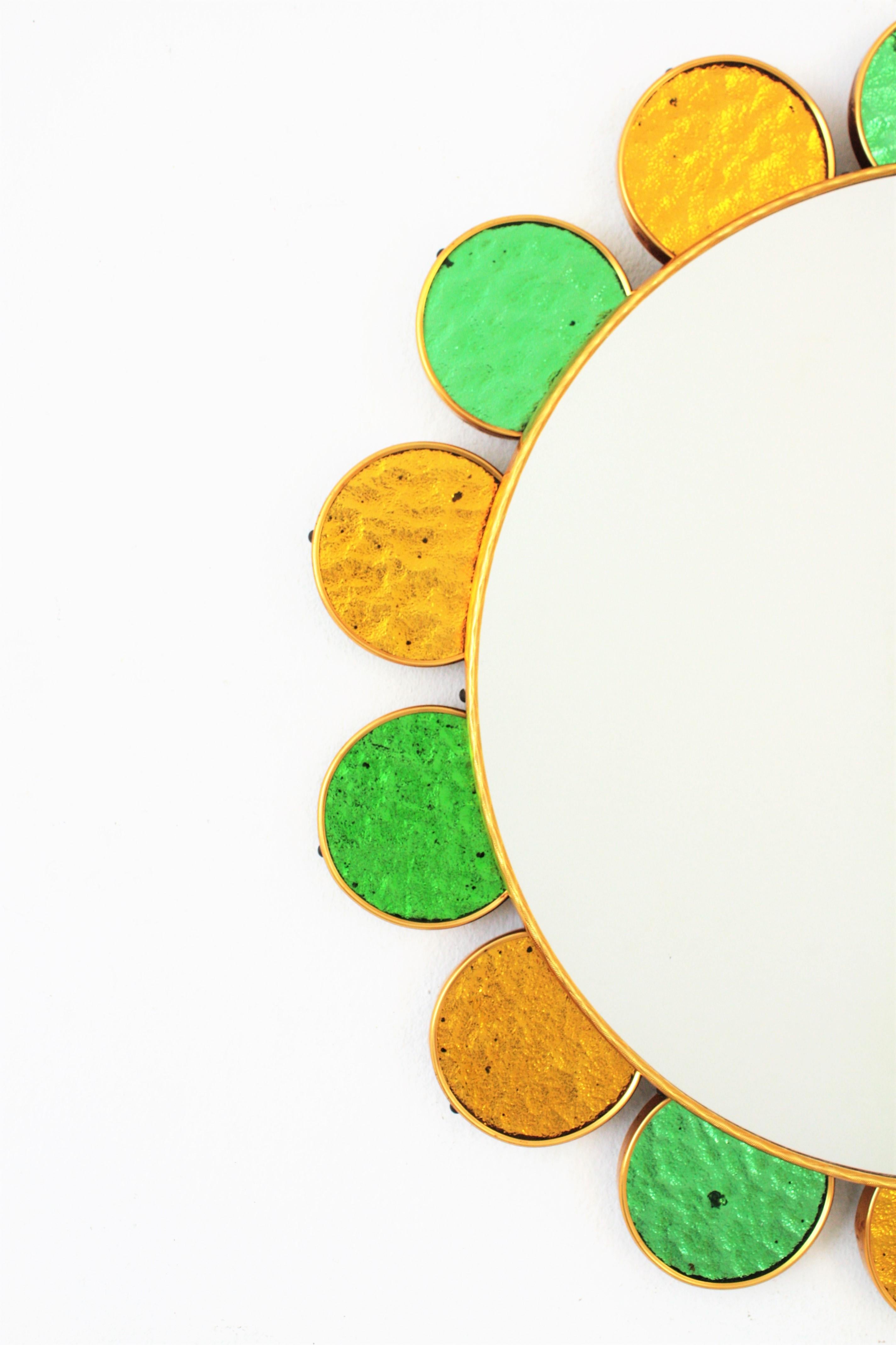 Spanish Flower Sunburst Mirror, Green and Golden Glass Petals Frame For Sale 1