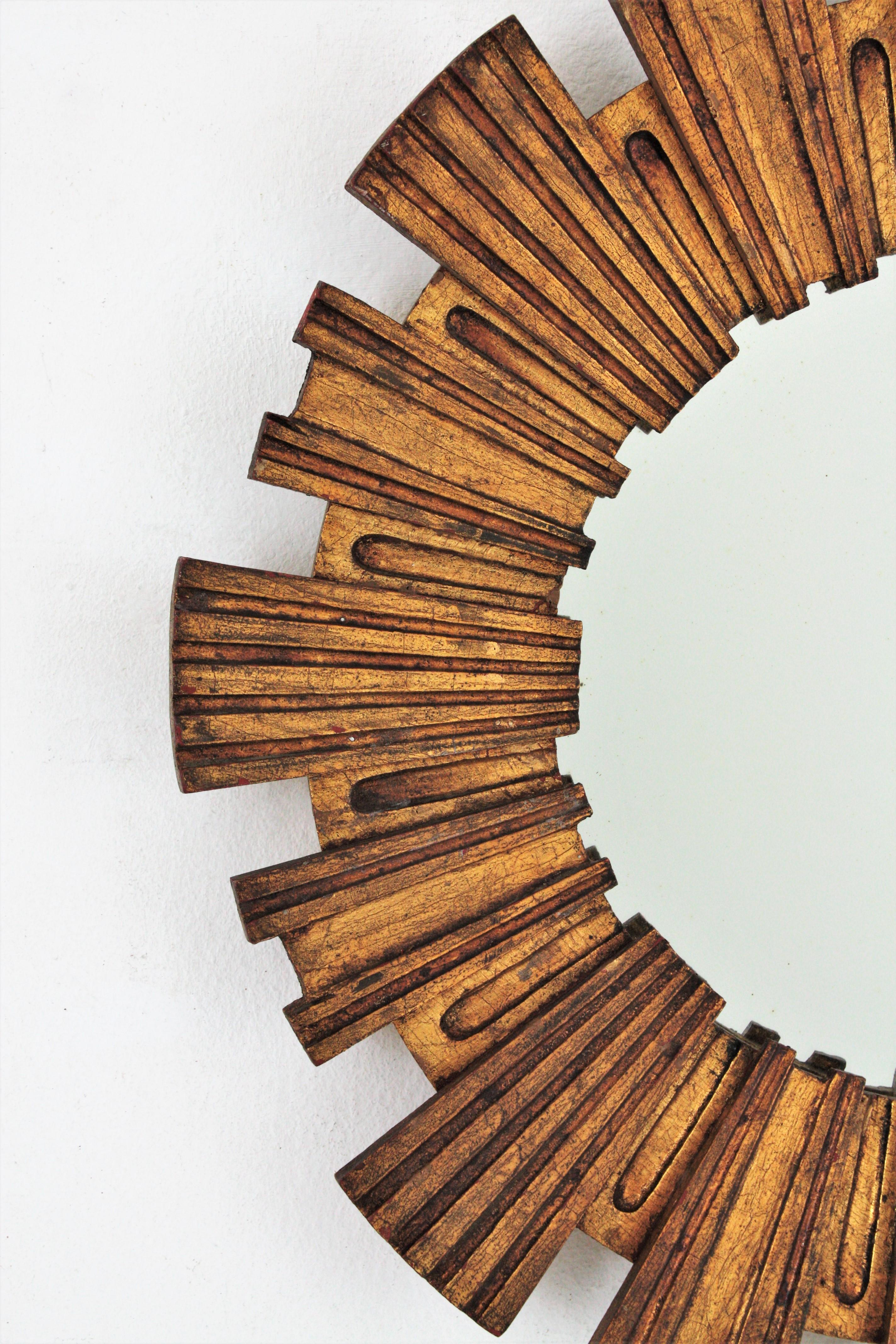 Hand-Carved Spanish Sunburst Mirror in Giltwood, 1950s