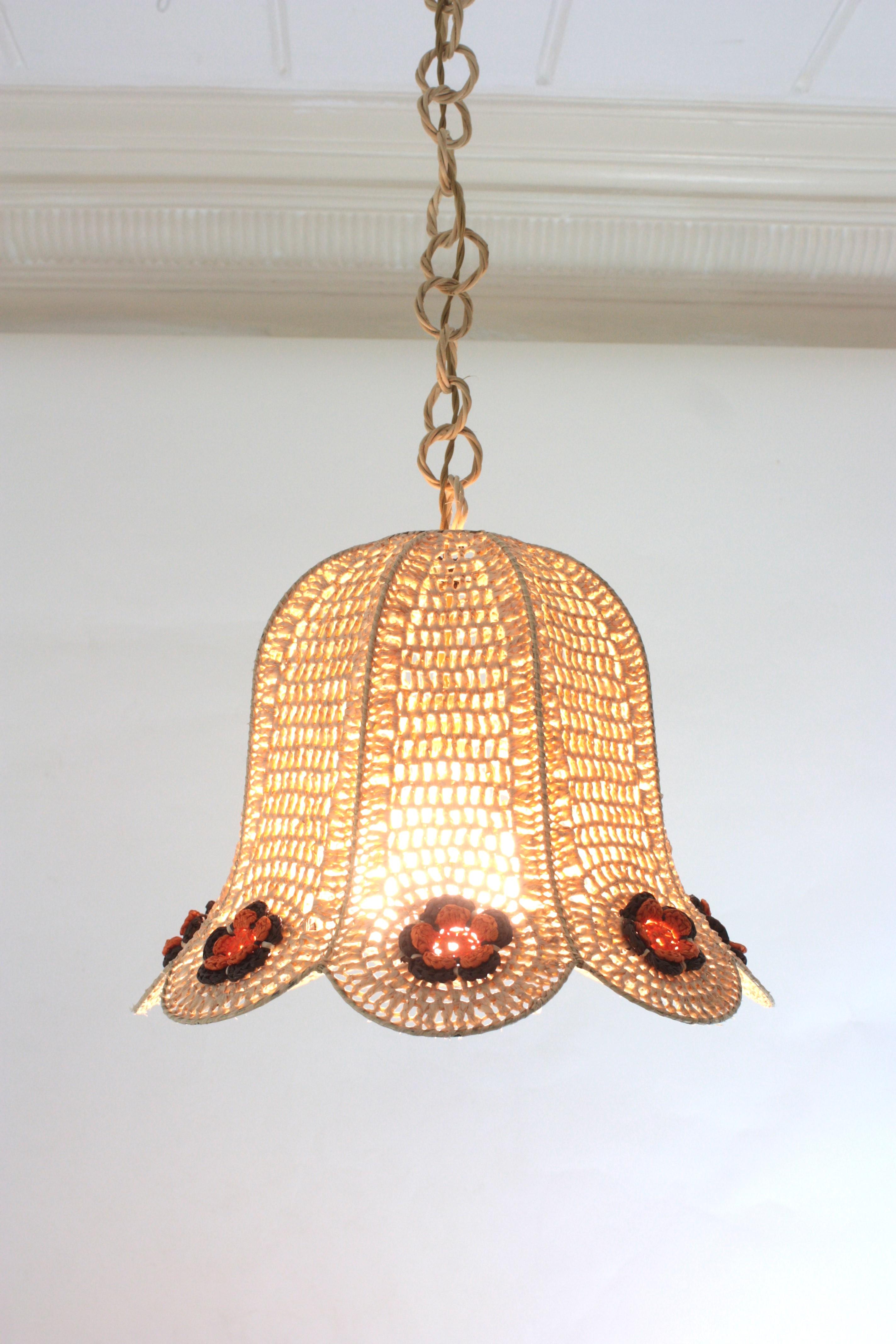 Spanish Modernist Large Pendant Lantern in Beige, Orange and Brown Macrame For Sale 7