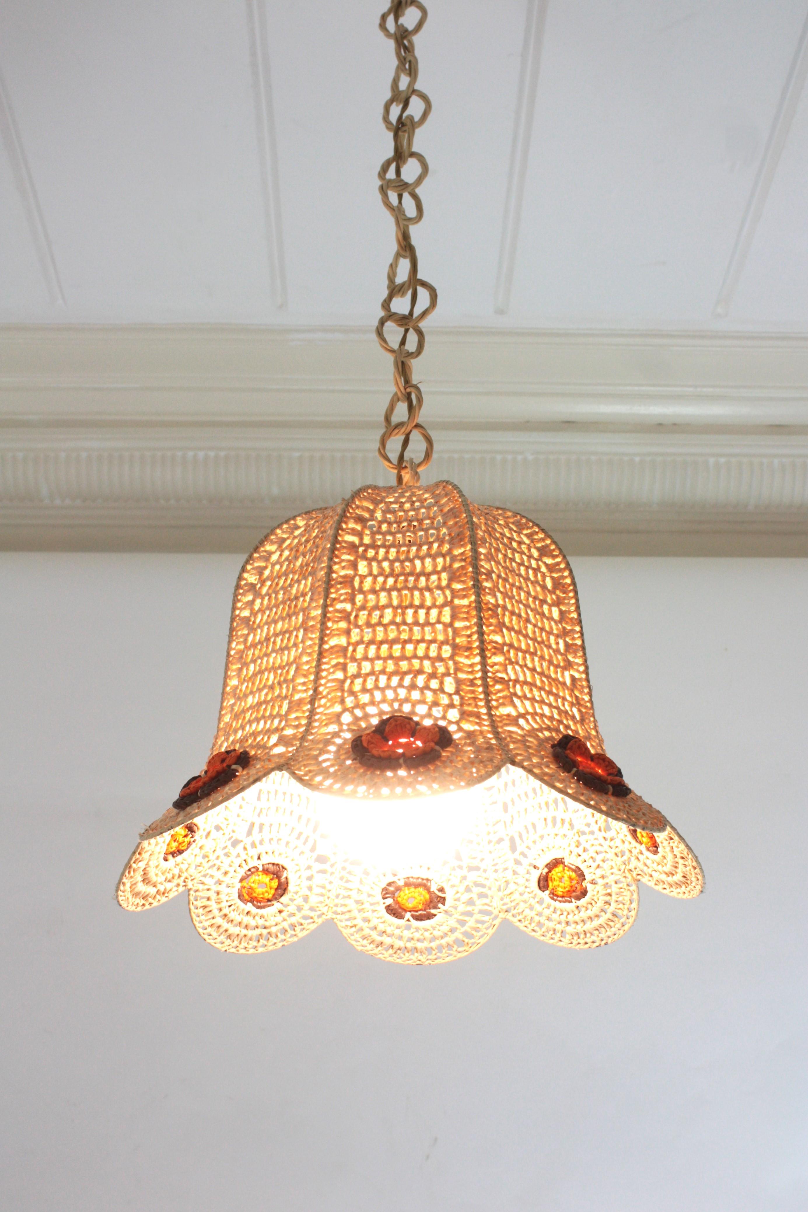 Spanish Modernist Large Pendant Lantern in Beige, Orange and Brown Macrame For Sale 8