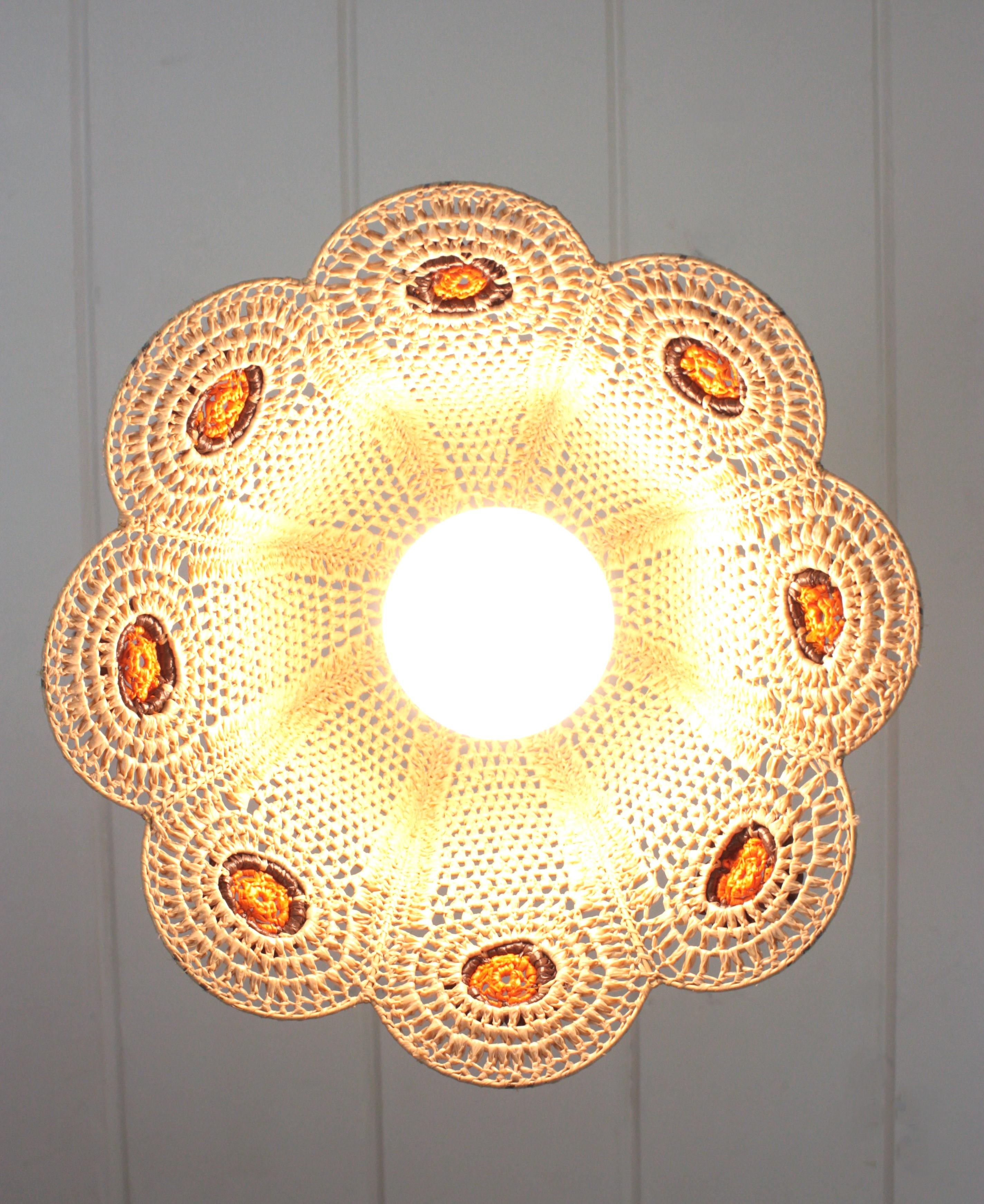 Spanish Modernist Large Pendant Lantern in Beige, Orange and Brown Macrame For Sale 12