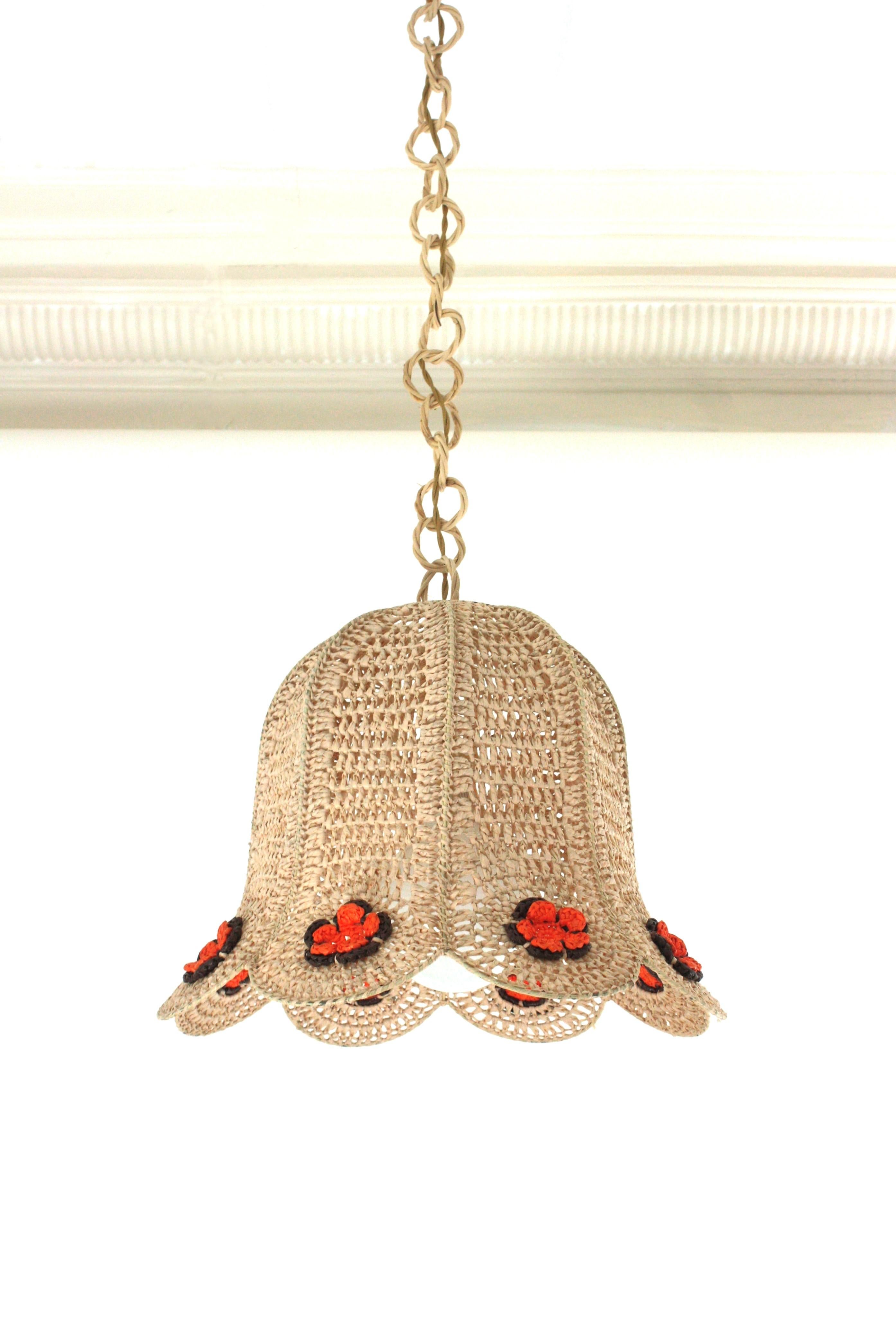 Hand-Knotted Spanish Modernist Large Pendant Lantern in Beige, Orange and Brown Macrame For Sale