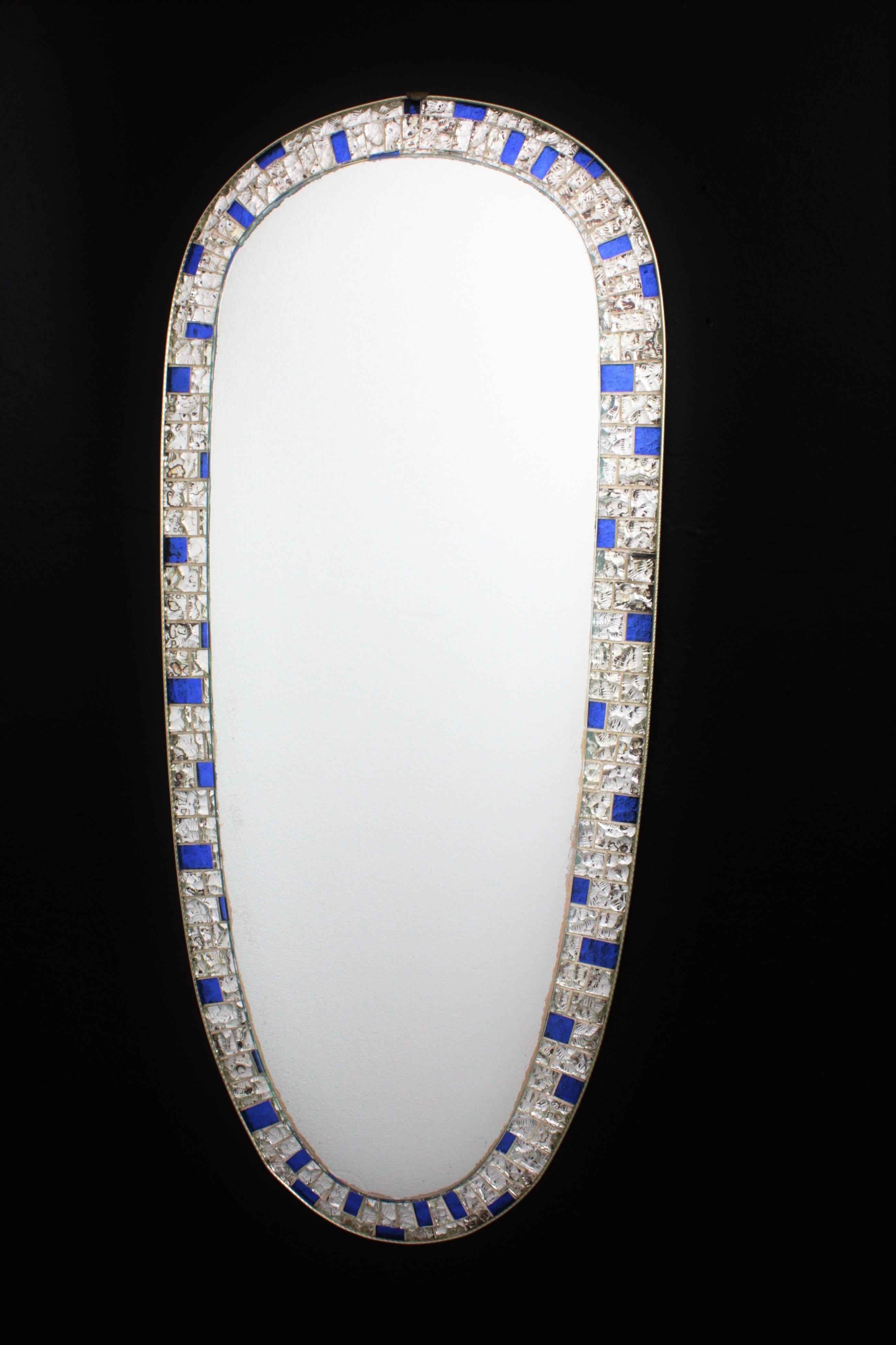 Mid-Century Modern Spanish Modernist Oval Mosaic Mirror with Silver and Blue Mirrored Glasses