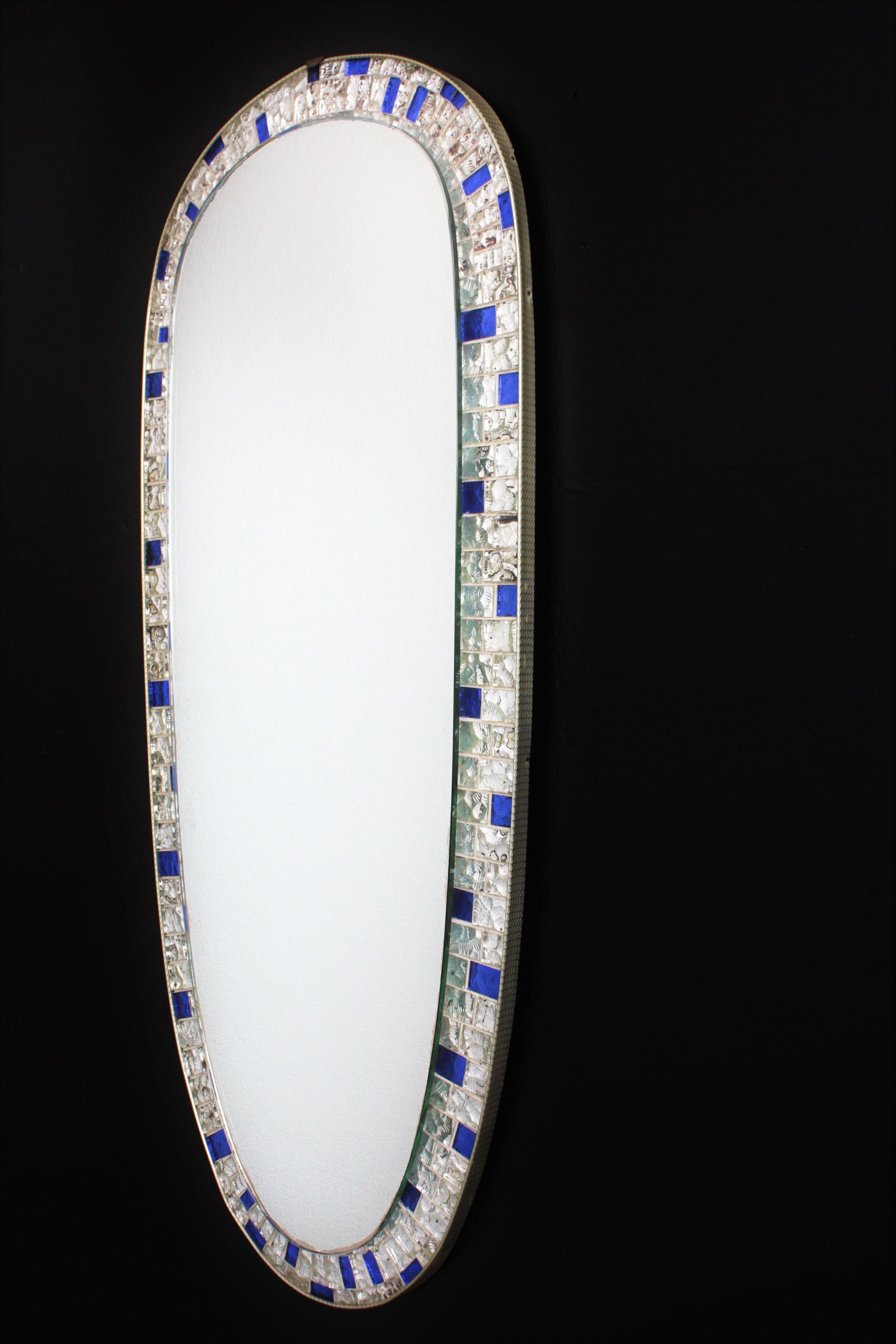 20th Century Spanish Modernist Oval Mosaic Mirror with Silver and Blue Mirrored Glasses