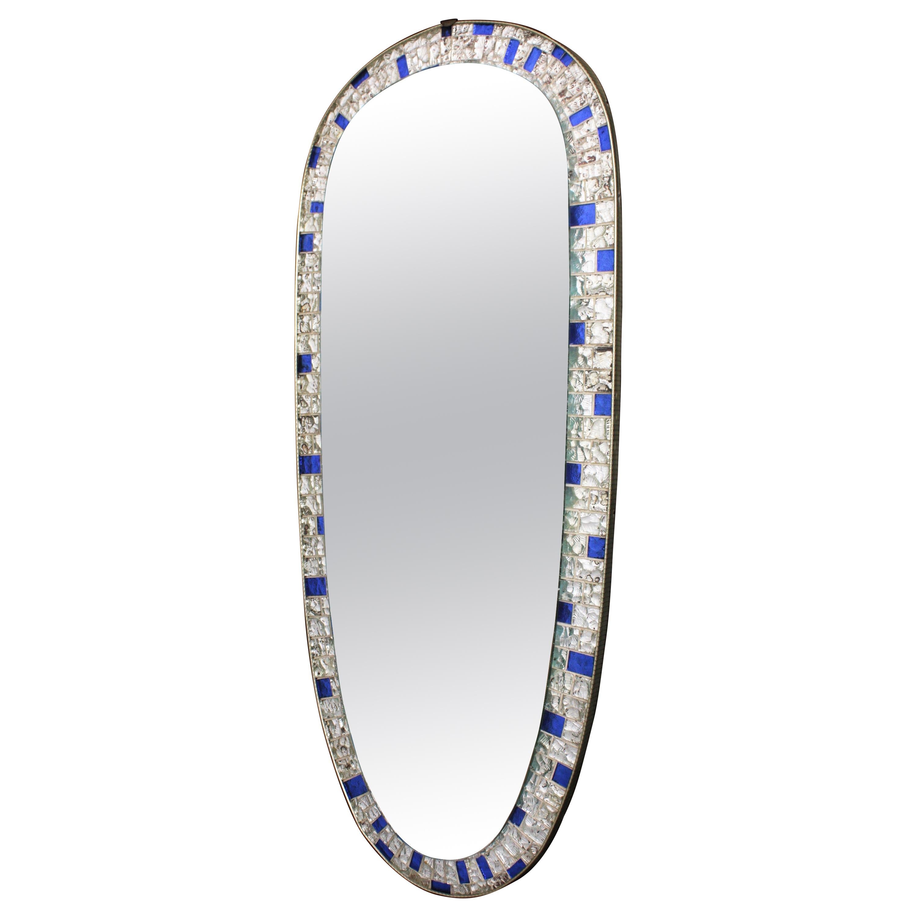 Spanish Modernist Oval Mosaic Mirror with Silver and Blue Mirrored Glasses