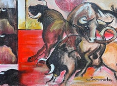 Bulls Fighting Large Signed Spanish Modernist Oil Painting Expressionist