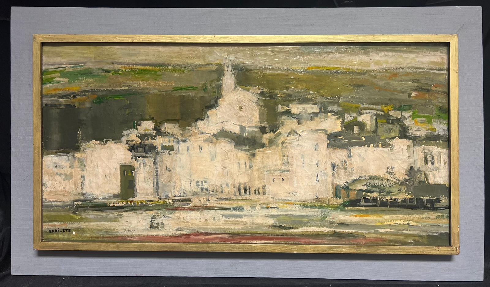 Spanish Modernist Abstract Painting – Mitte des 20. Jahrhunderts Modernist signiert Ölgemälde Blick auf Cadaques Spanien Old Townes