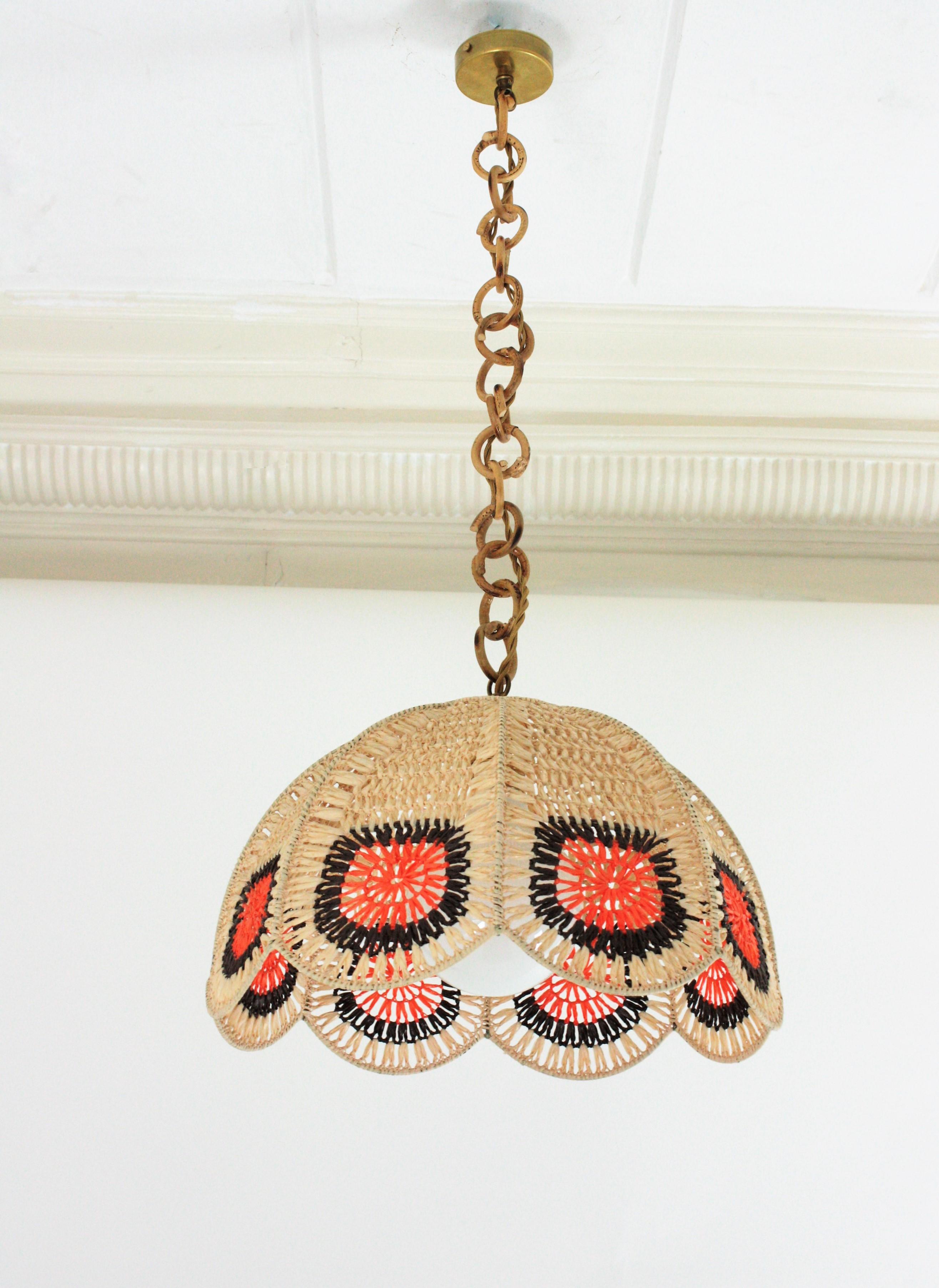 Spanish Modernist Pendant Lamp in Beige, Orange and Brown Macrame For Sale 2