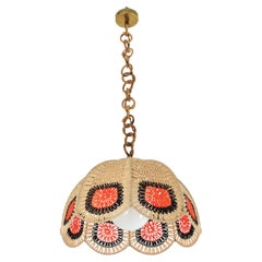 Spanish Modernist Pendant Lamp in Beige in Orange and Brown Macramé, Spain 1970