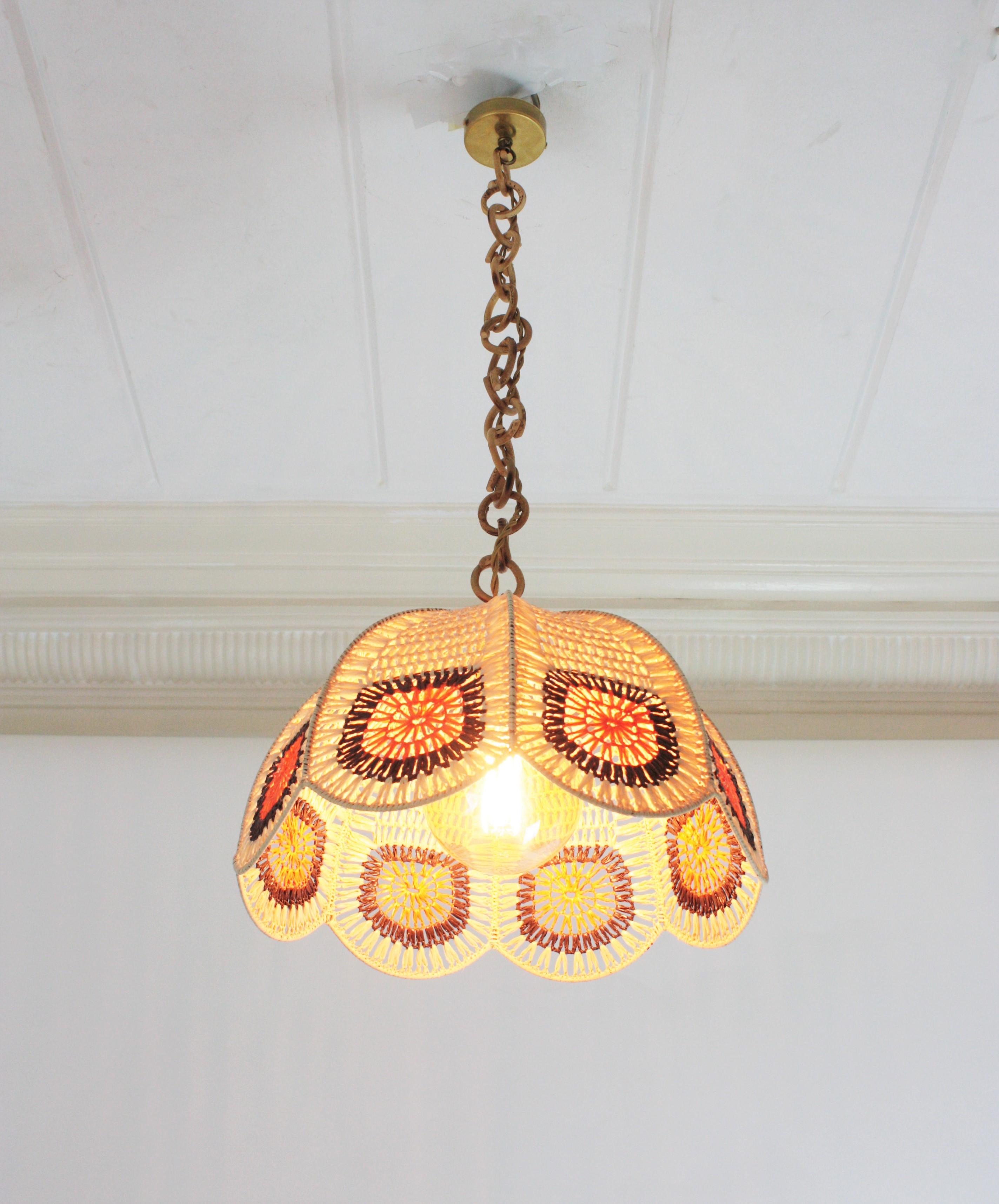 Spanish Modernist Pendant Lamp in Beige, Orange and Brown Macrame For Sale 12