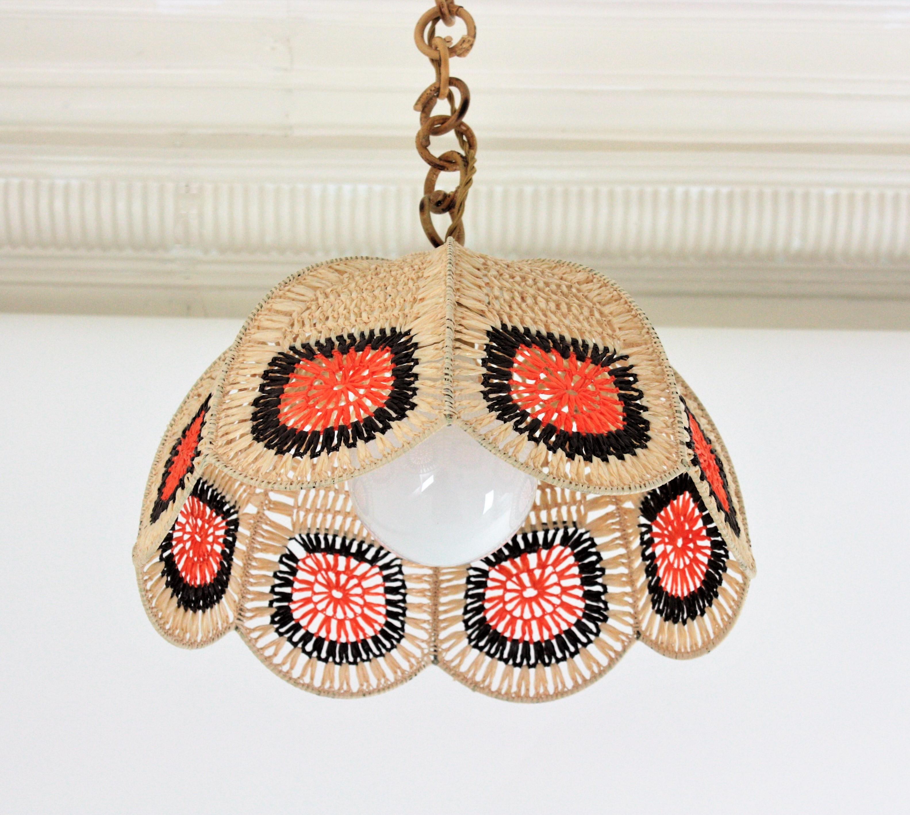 Hand-Knotted Spanish Modernist Pendant Lamp in Beige, Orange and Brown Macrame For Sale