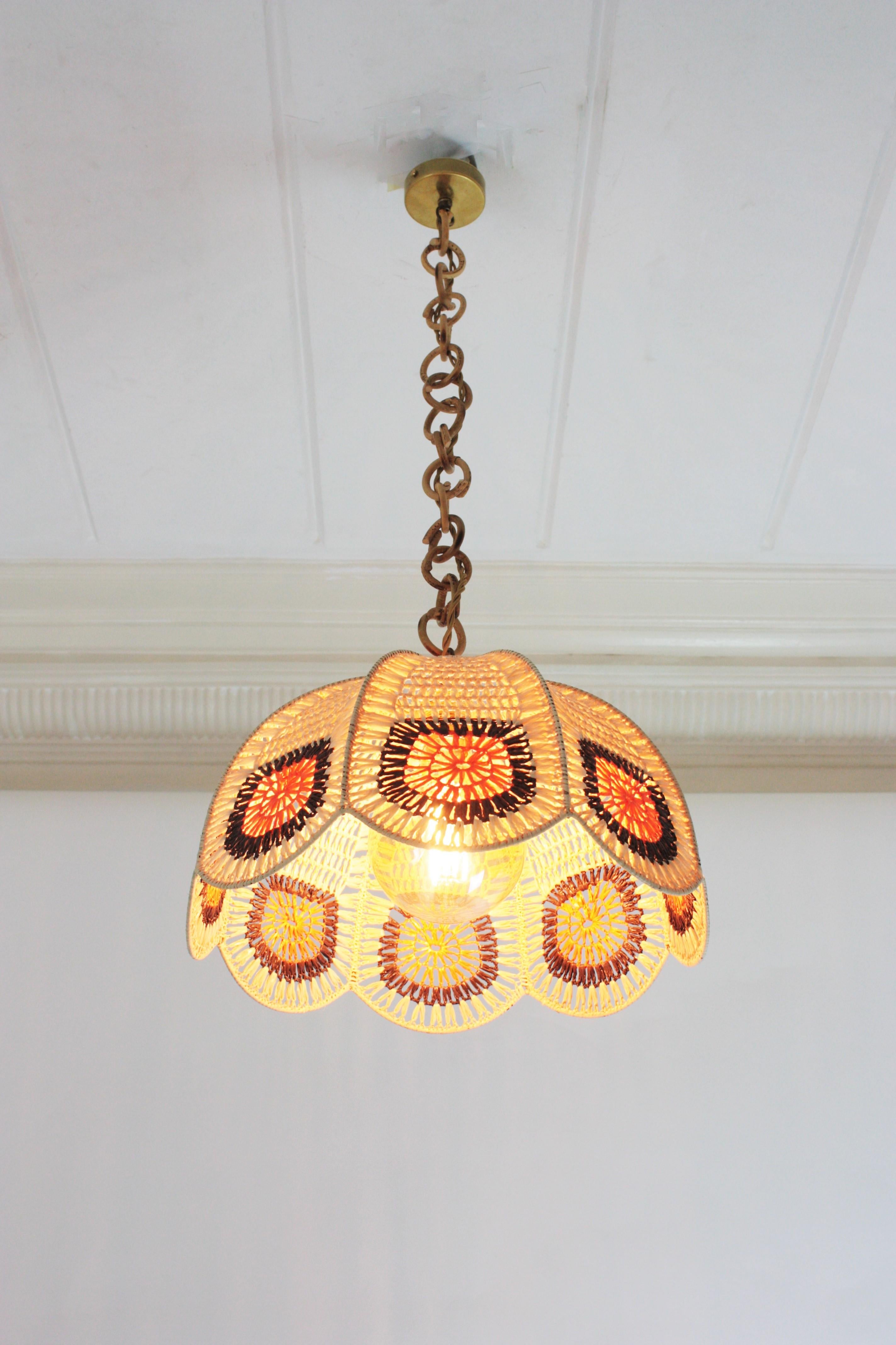 20th Century Spanish Modernist Pendant Lamp in Beige, Orange and Brown Macrame For Sale
