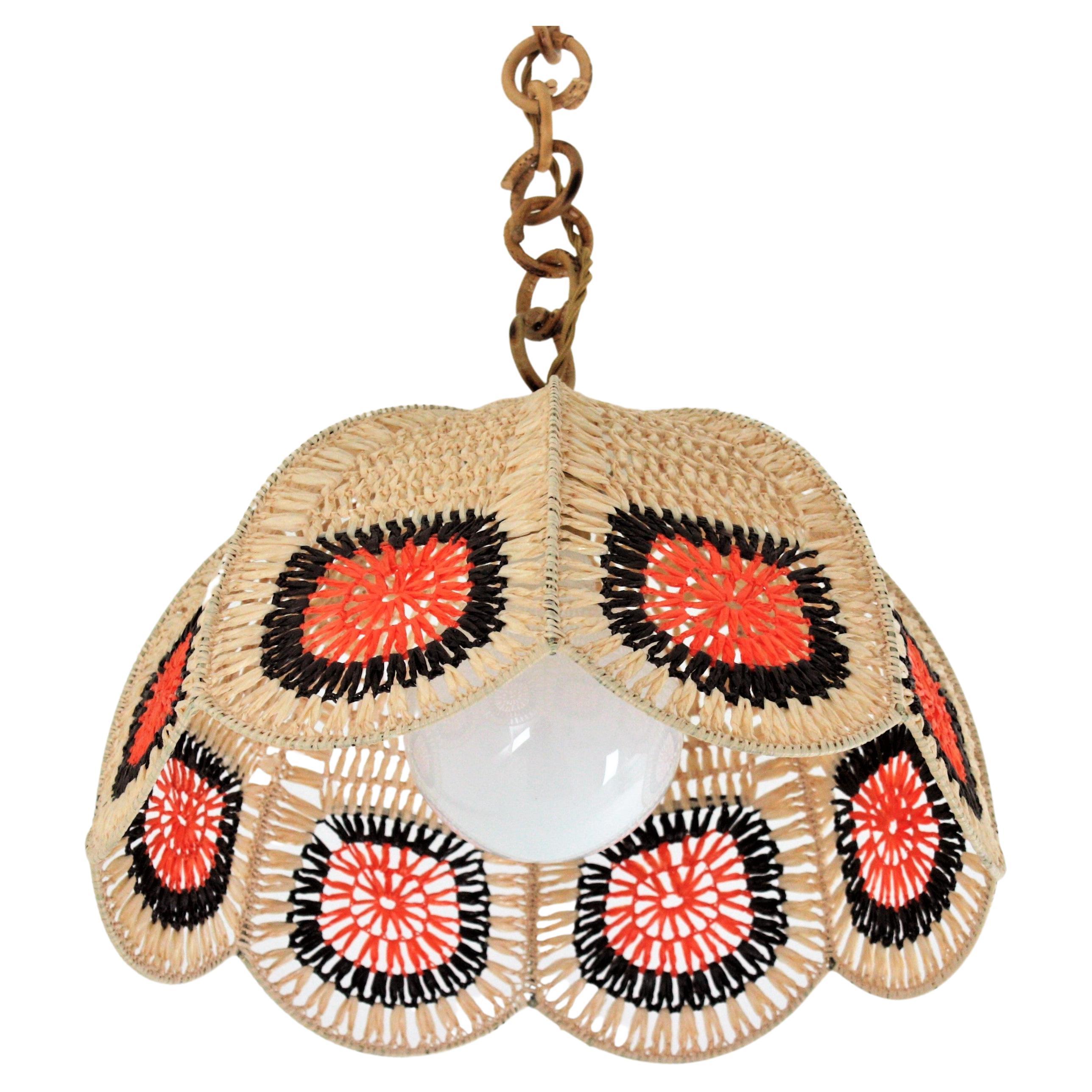 Spanish Modernist Pendant Lamp in Beige, Orange and Brown Macrame For Sale