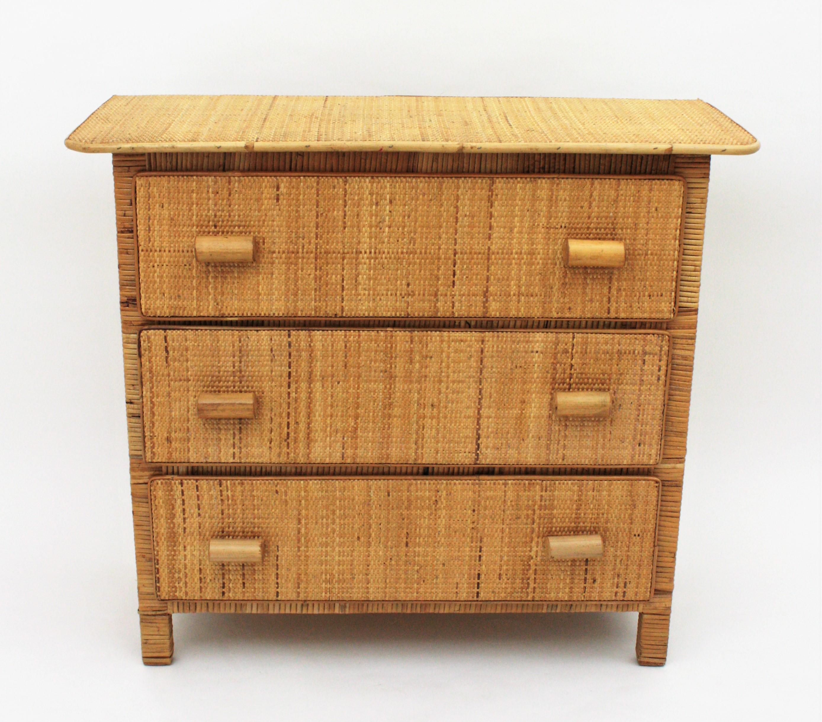 Mid-Century Modern Spanish Modernist Rattan Chest of Drawers, 1970s