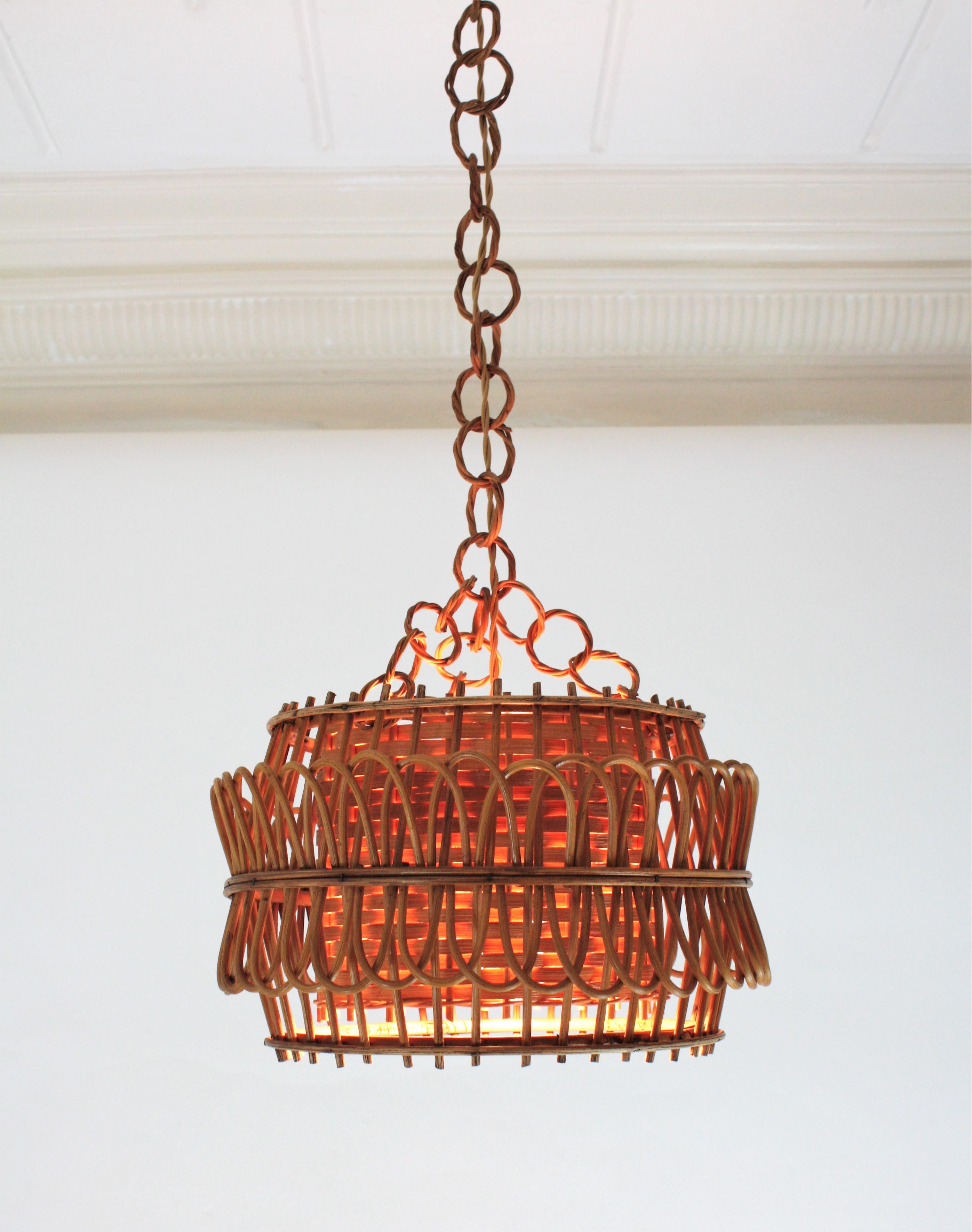 Spanish Modernist Rattan Pendant Lamp / Hanging Light with Woven Wicker Shade 2