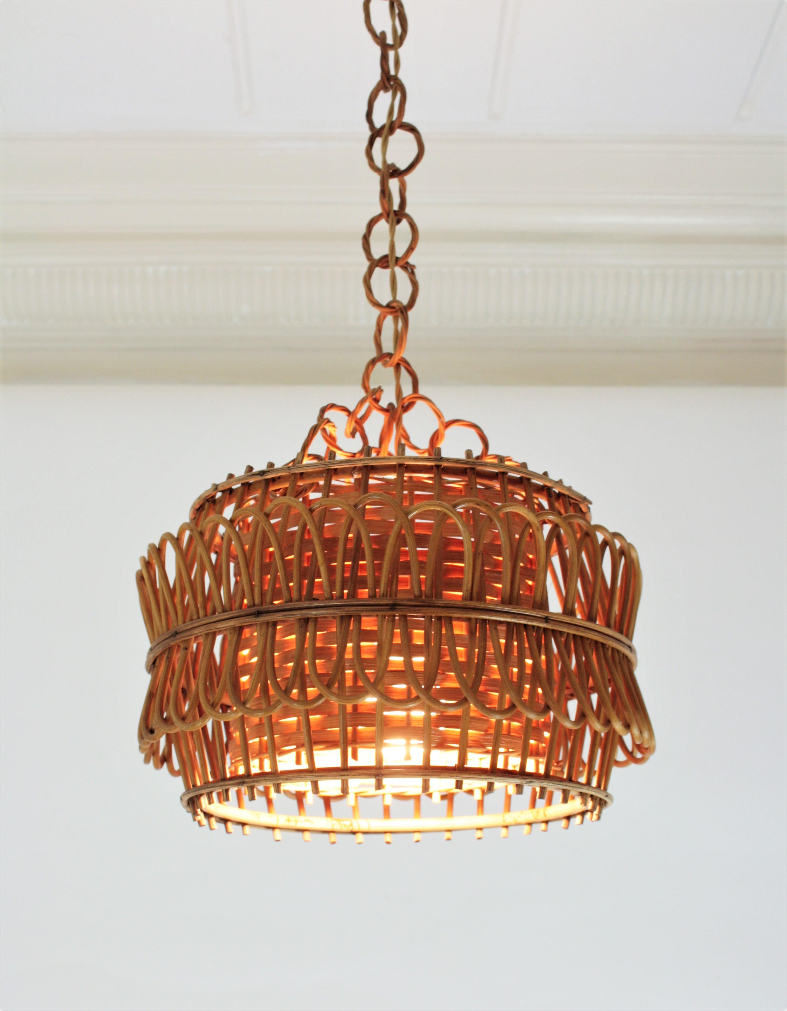 Spanish Modernist Rattan Pendant Lamp / Hanging Light with Woven Wicker Shade 3
