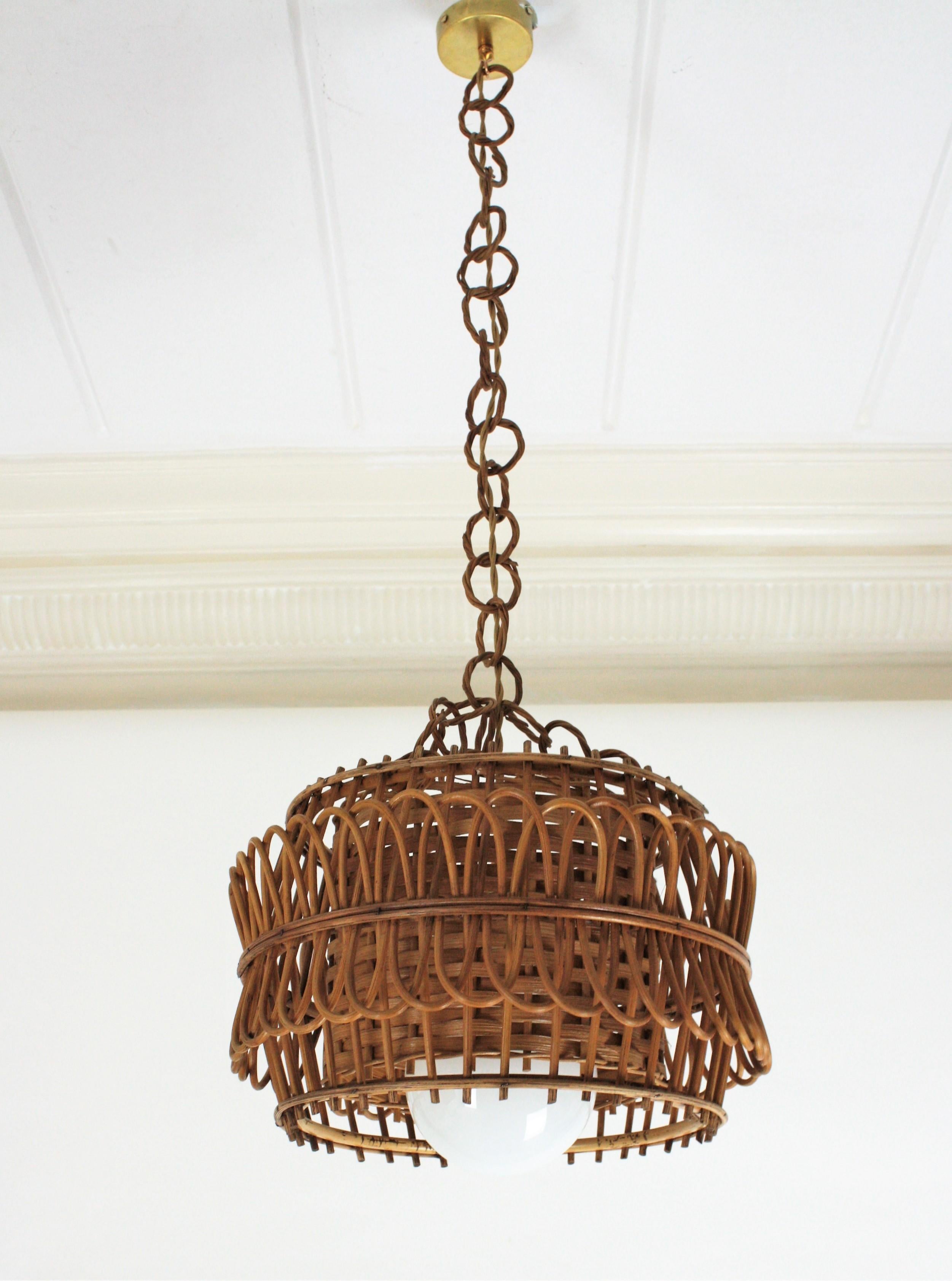 Spanish Modernist Rattan Pendant Lamp / Hanging Light with Woven Wicker Shade 5