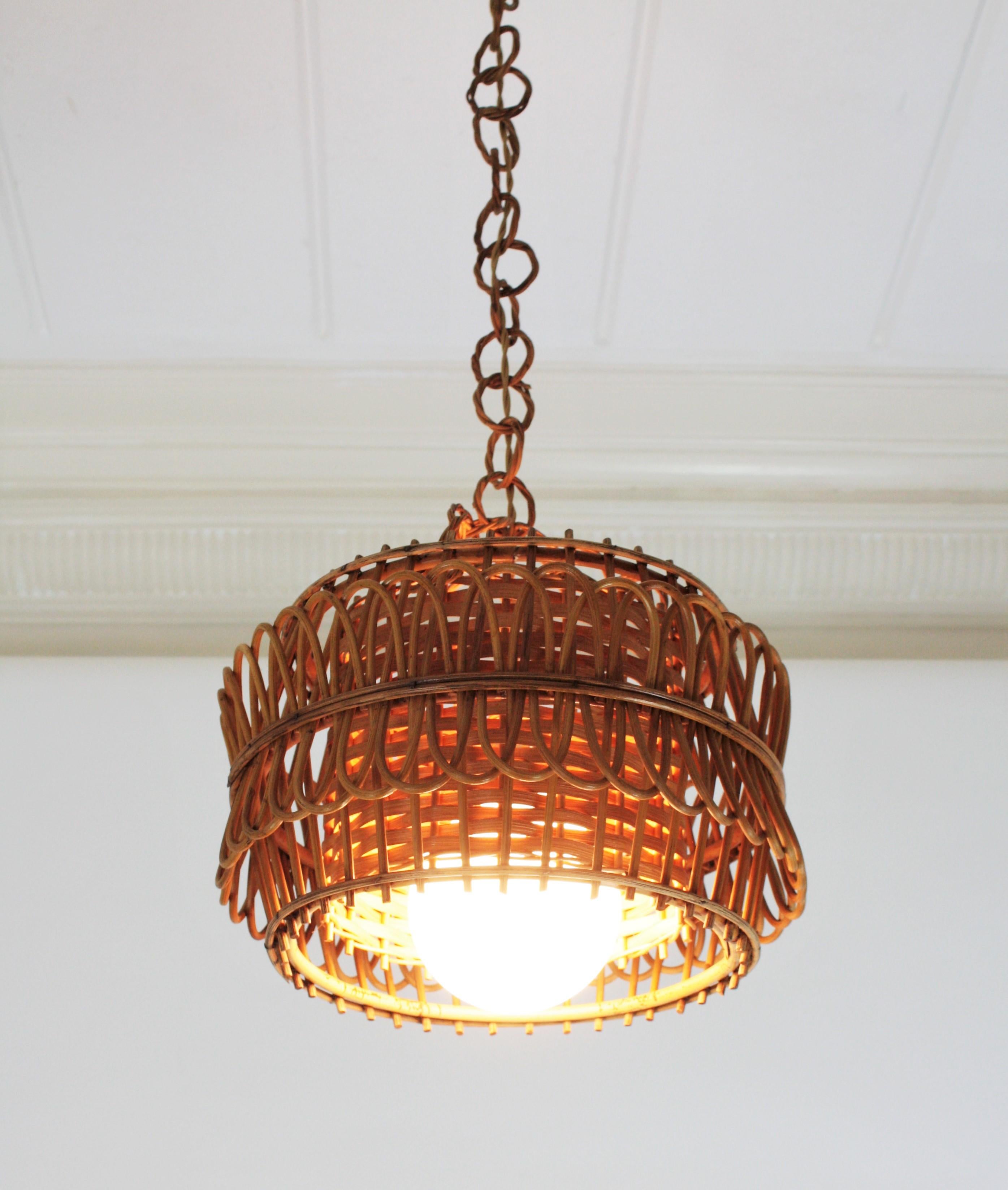 Spanish Modernist Rattan Pendant Lamp / Hanging Light with Woven Wicker Shade 6