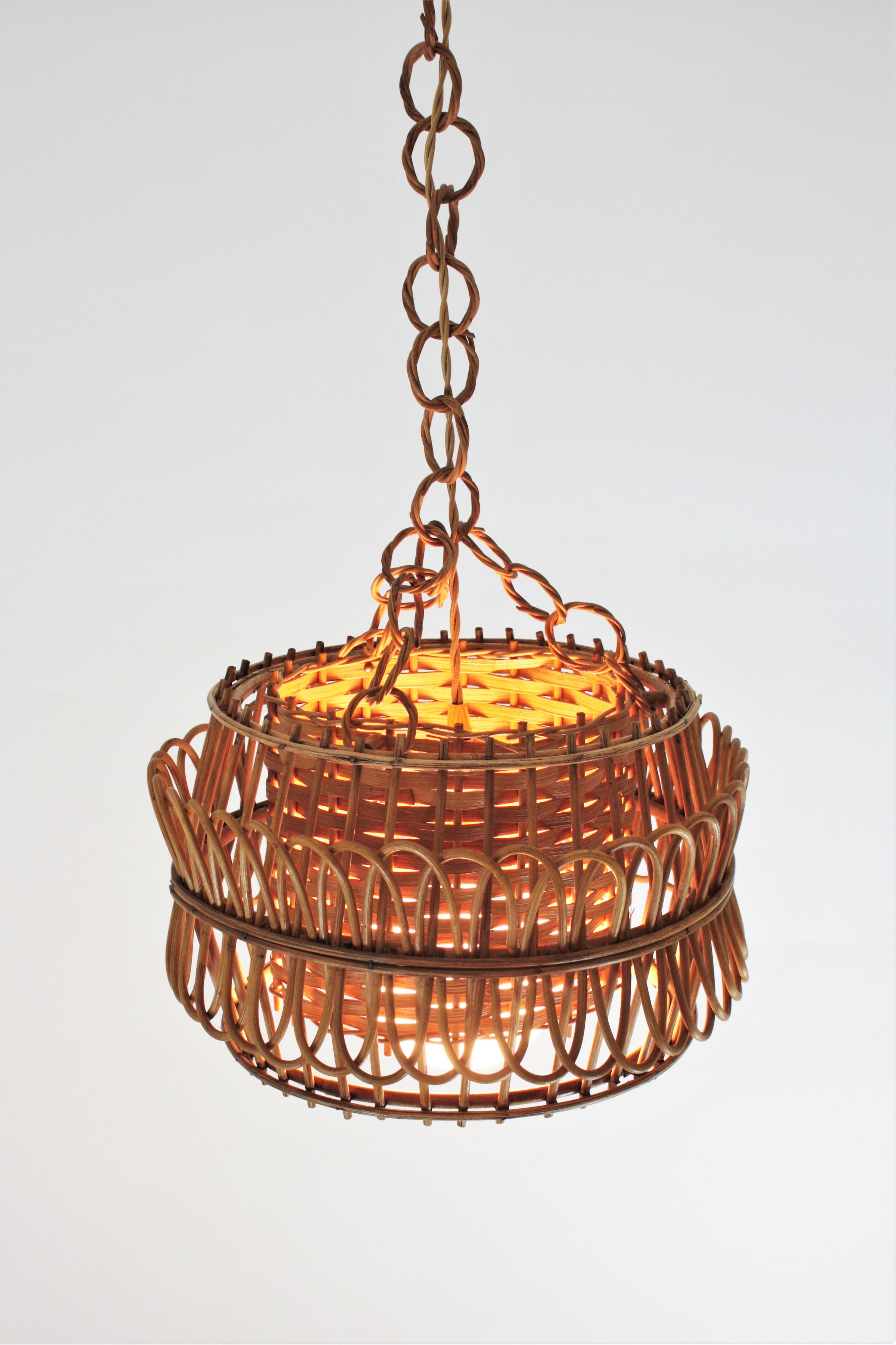 Spanish Modernist Rattan Pendant Lamp / Hanging Light with Woven Wicker Shade 7