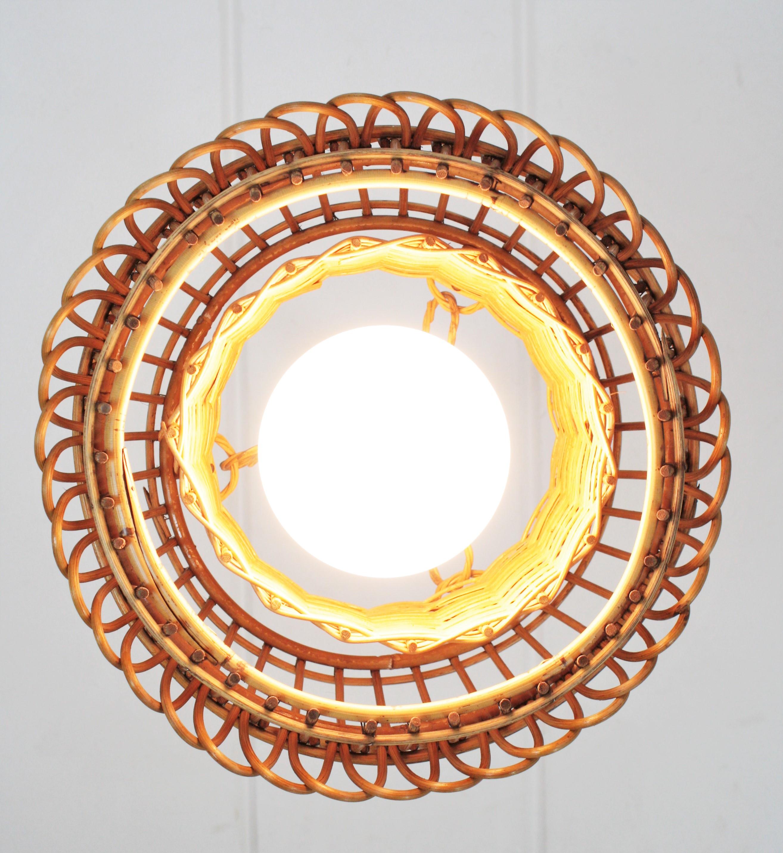 Spanish Modernist Rattan Pendant Lamp / Hanging Light with Woven Wicker Shade 8