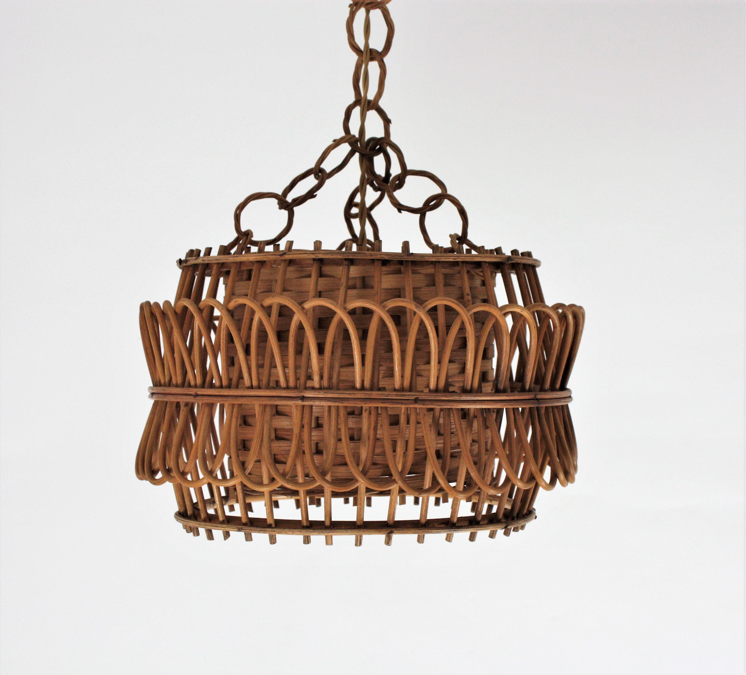 Mid-Century Modern Spanish Modernist Rattan Pendant Lamp / Hanging Light with Woven Wicker Shade