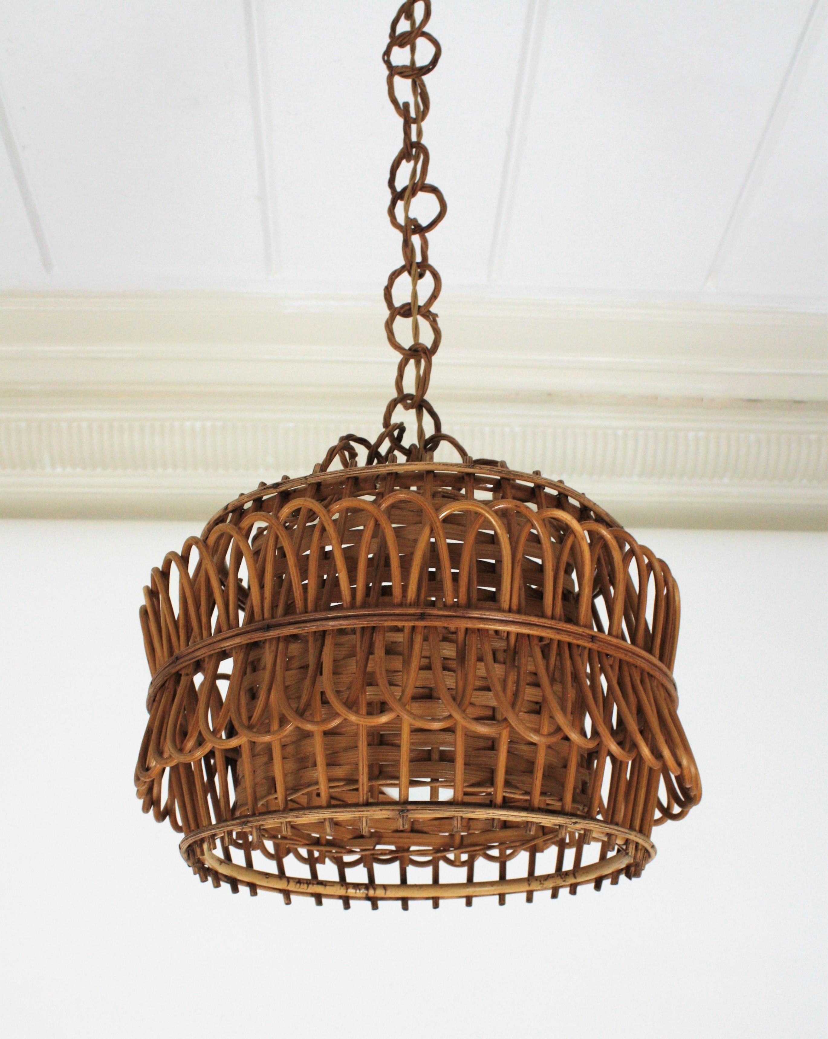 Spanish Modernist Rattan Pendant Lamp / Hanging Light with Woven Wicker Shade 1