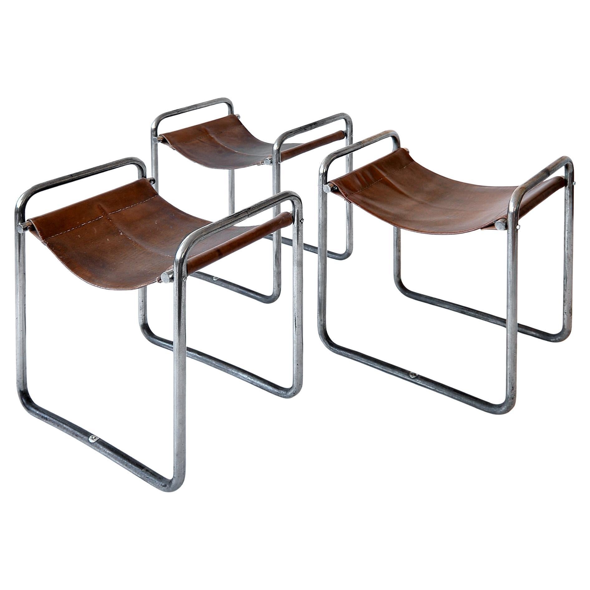Spanish Modernist Stool By Casa Buades Barcelona, Plated Metal, Leather, c. 1930 For Sale