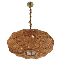 Spanish Modernist UFO Pendant Light in Wicker Weave and Rattan, 1960's