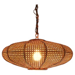 Spanish Modernist UFO Pendant Light in Wicker Weave and Rattan, 1960's