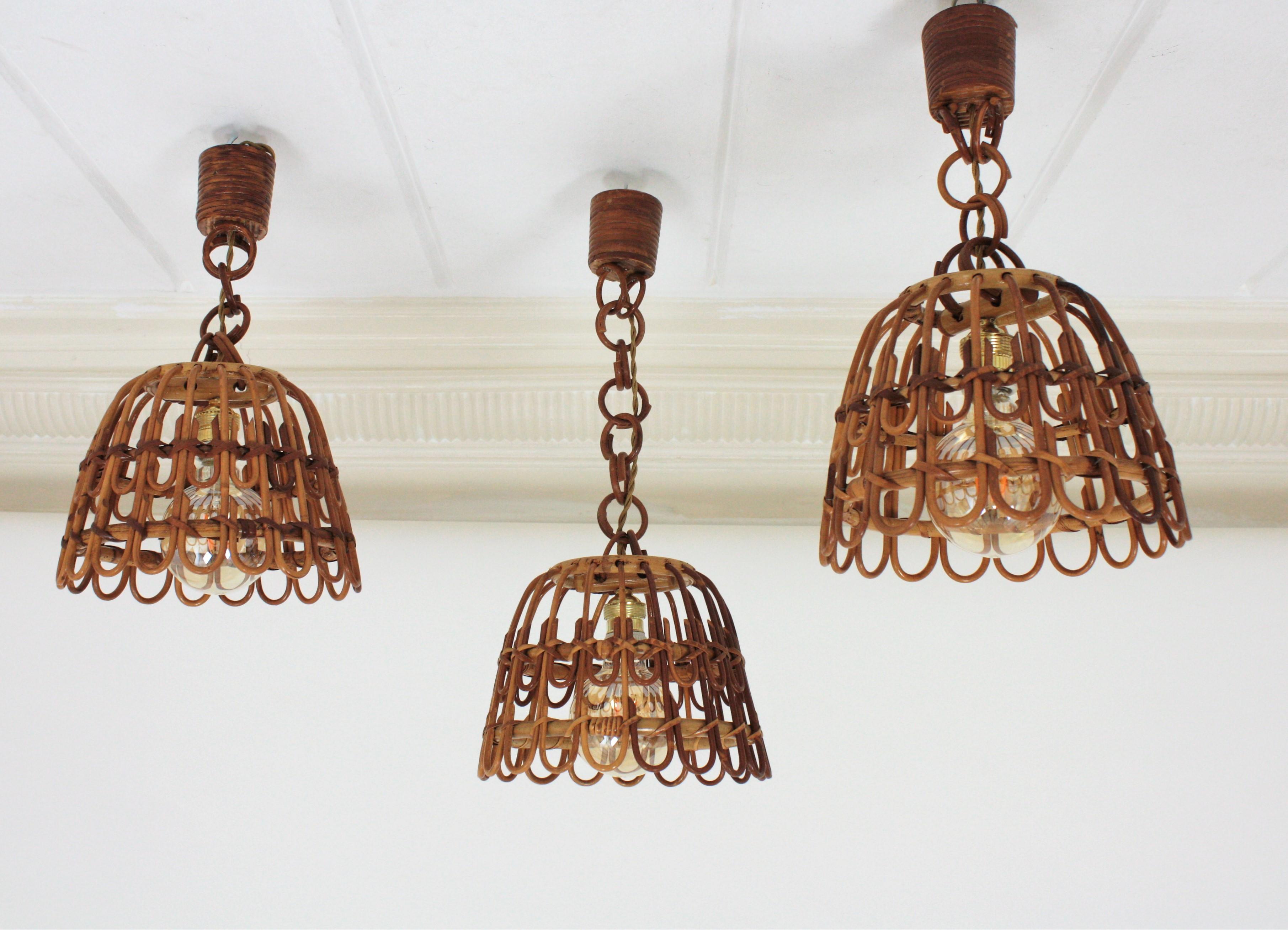 3 Spanish Rattan Bell Pendant Lights Ceiling Hanging Lamps For Sale 1