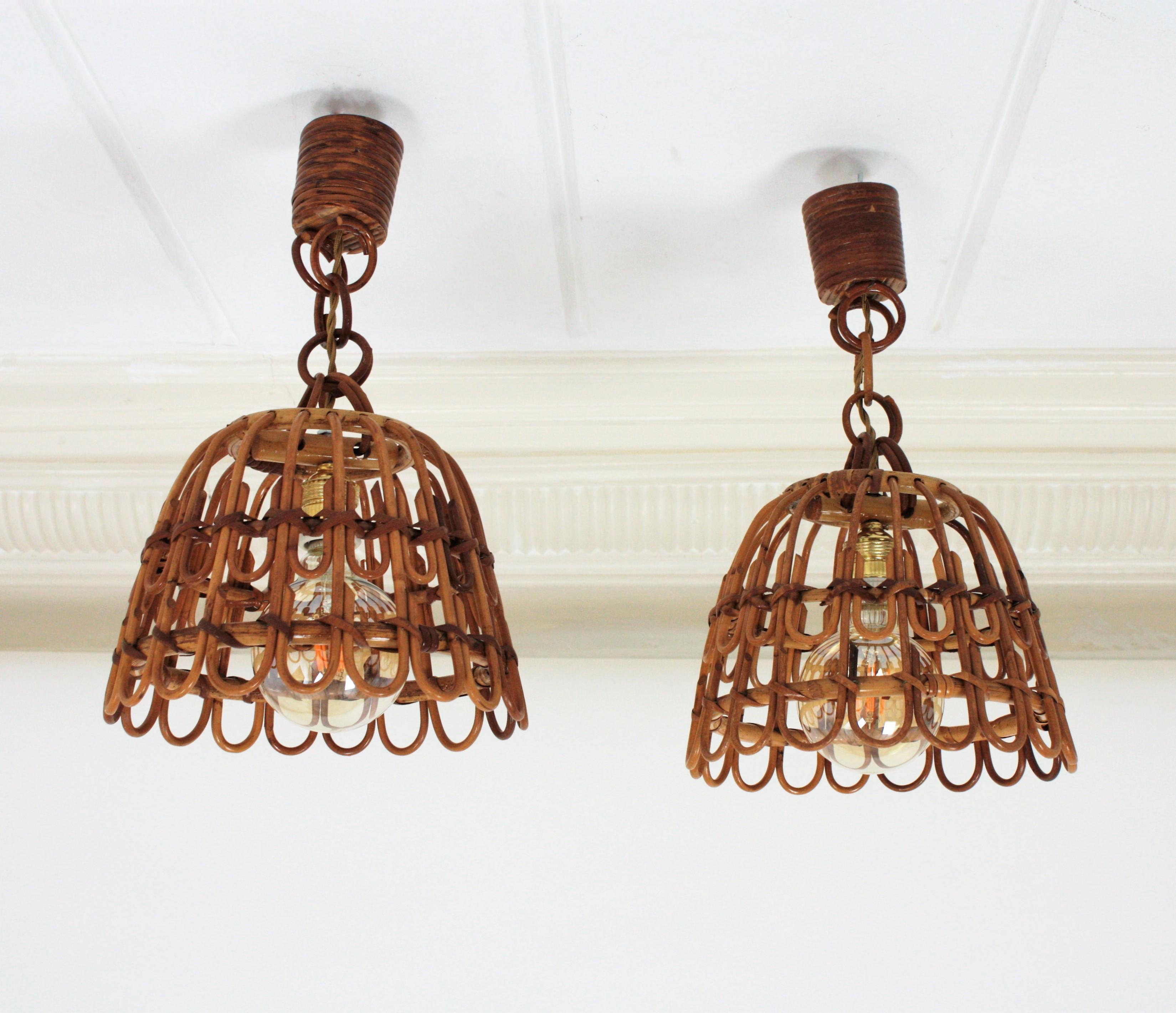 3 Spanish Rattan Bell Pendant Lights Ceiling Hanging Lamps For Sale 2
