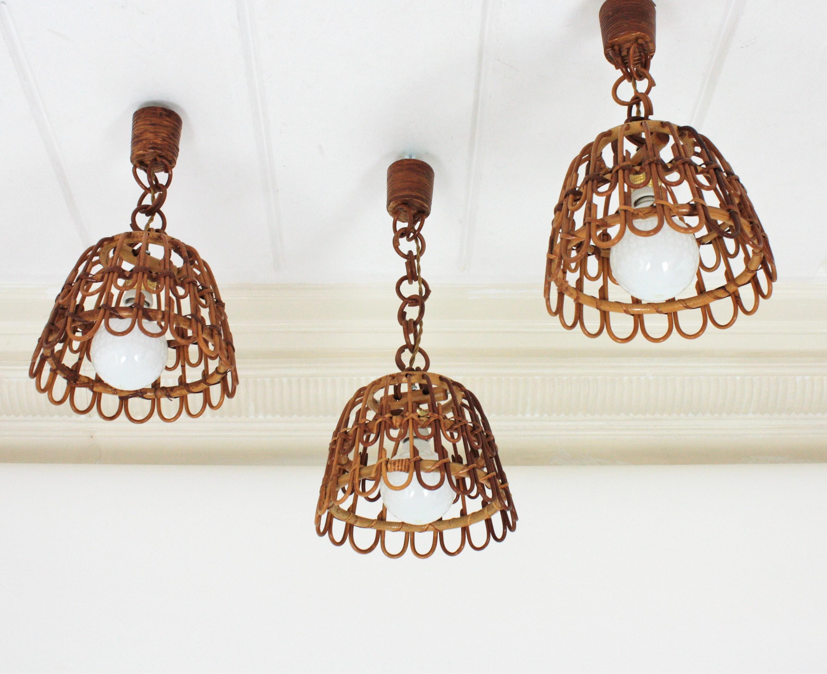3 Spanish Rattan Bell Pendant Lights Ceiling Hanging Lamps For Sale 8