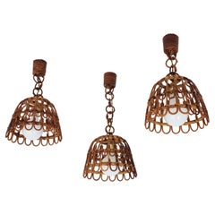 Set of Three Spanish Rattan Bell Pendant Lights Ceiling Hanging Lamps