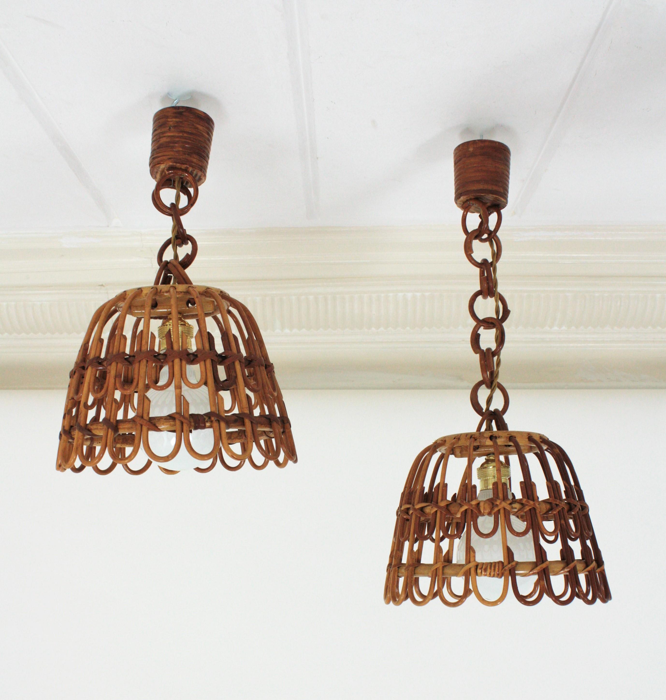 Mid-Century Modern 3 Spanish Rattan Bell Pendant Lights Ceiling Hanging Lamps For Sale