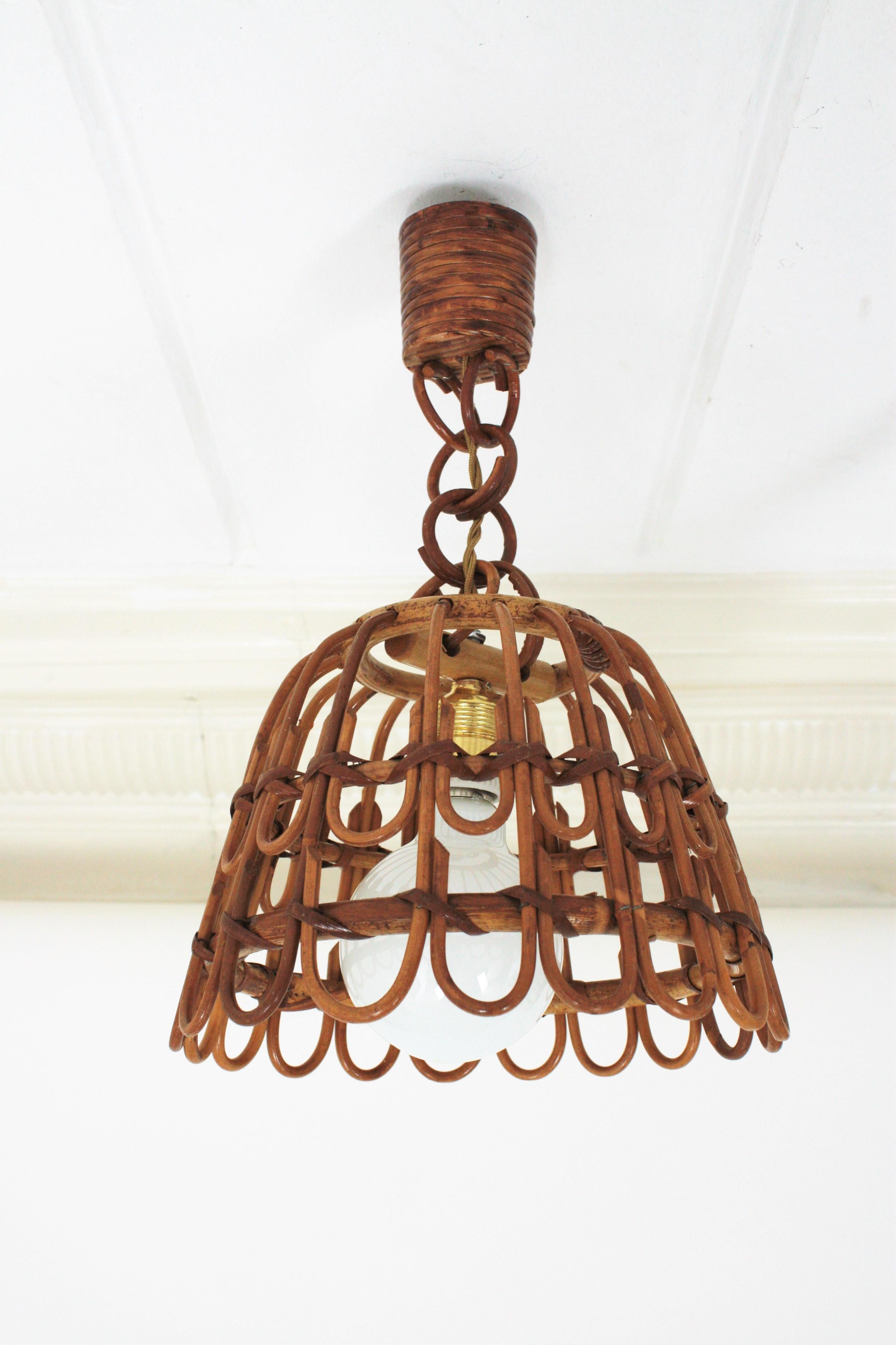20th Century 3 Spanish Rattan Bell Pendant Lights Ceiling Hanging Lamps For Sale