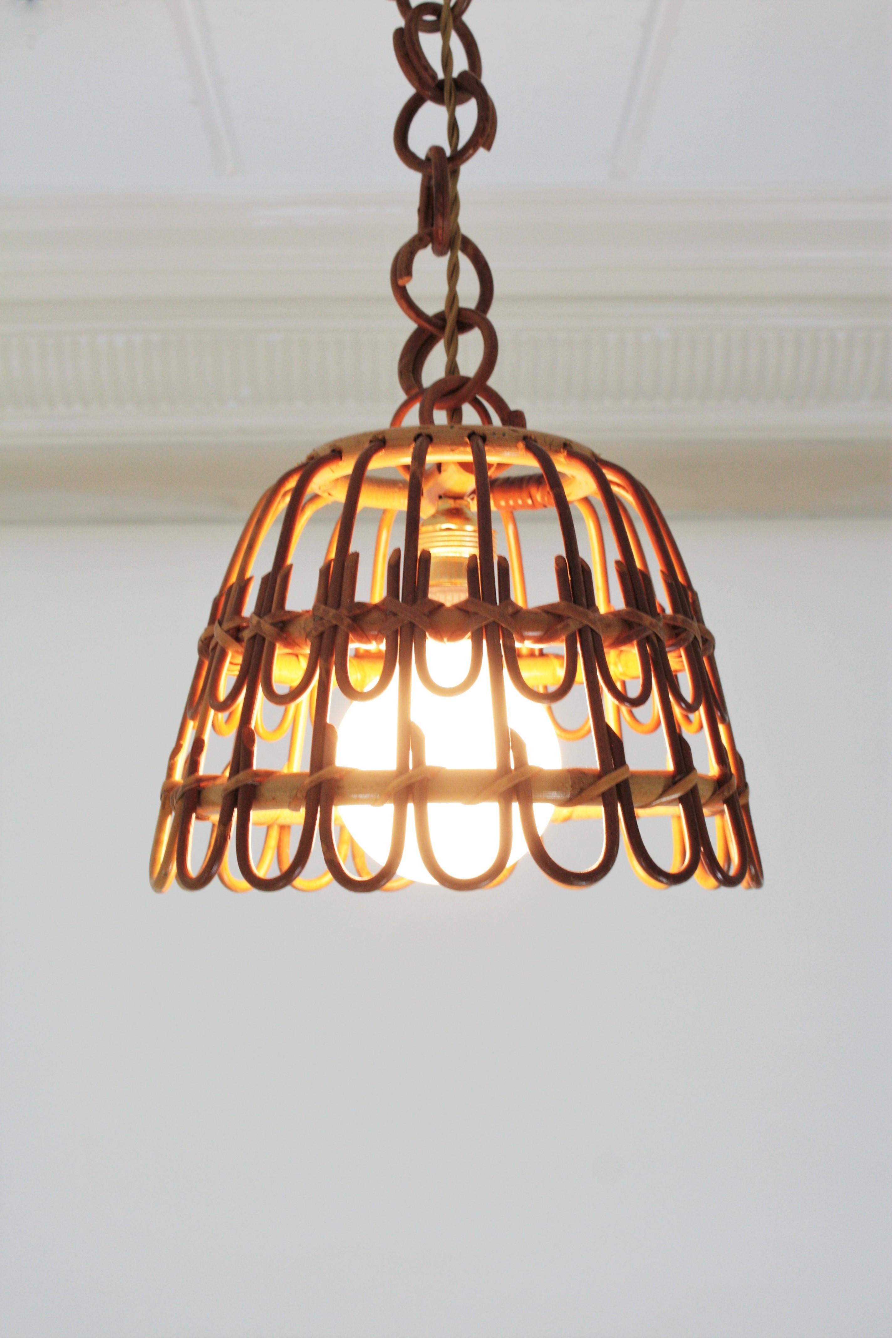 Bamboo 3 Spanish Rattan Bell Pendant Lights Ceiling Hanging Lamps For Sale
