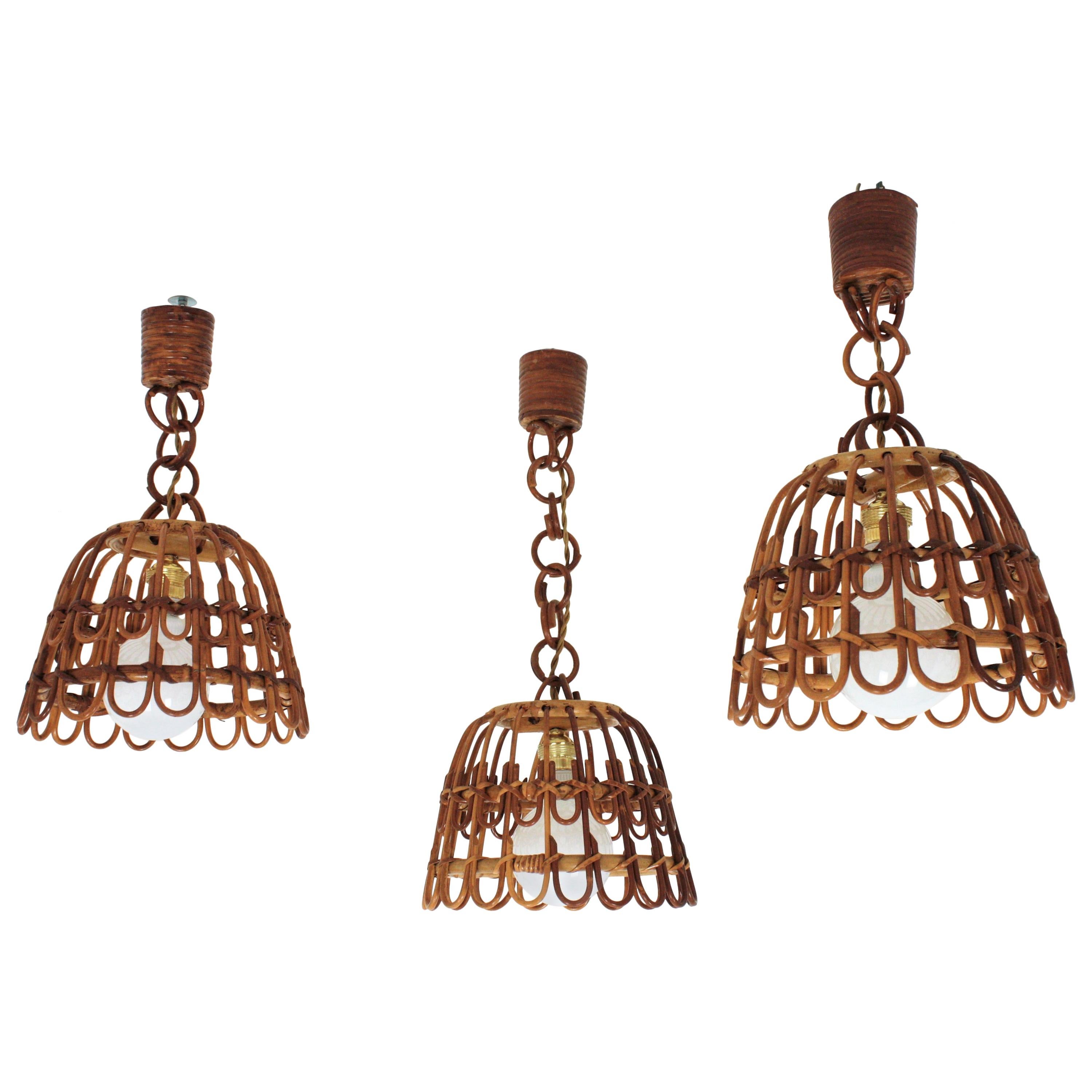 3 Spanish Rattan Bell Pendant Lights Ceiling Hanging Lamps For Sale