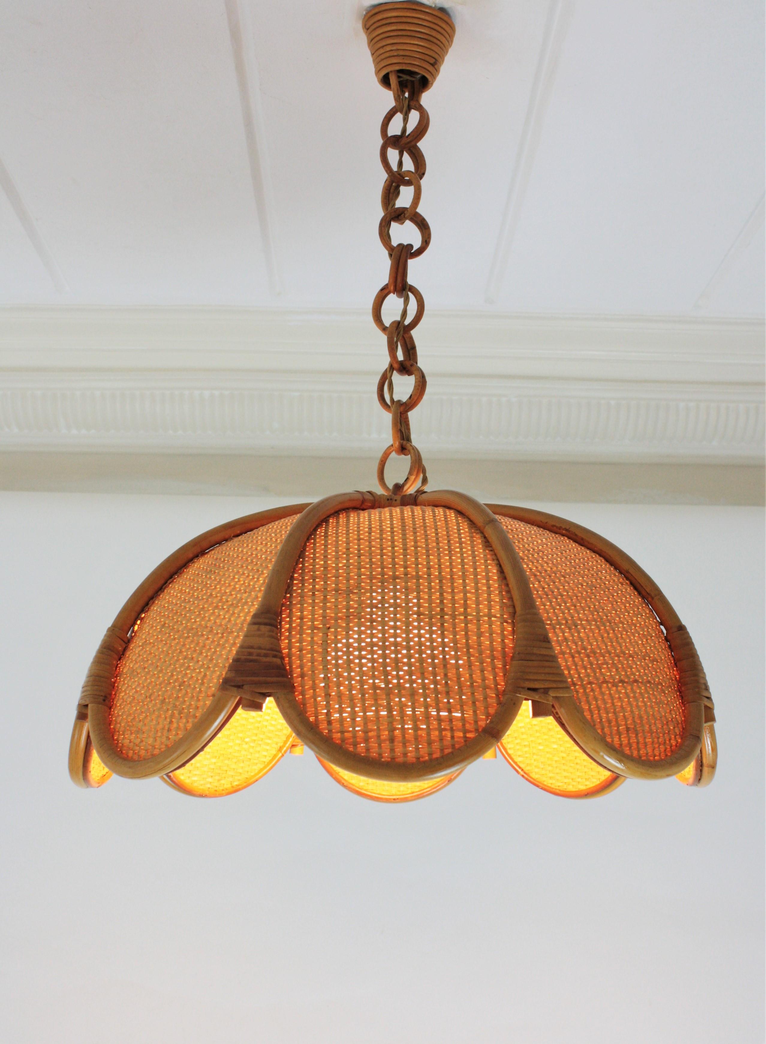 Spanish Modernist Woven Rattan and Bamboo Palm Pendant Lamp / Chandelier, 1960s 2