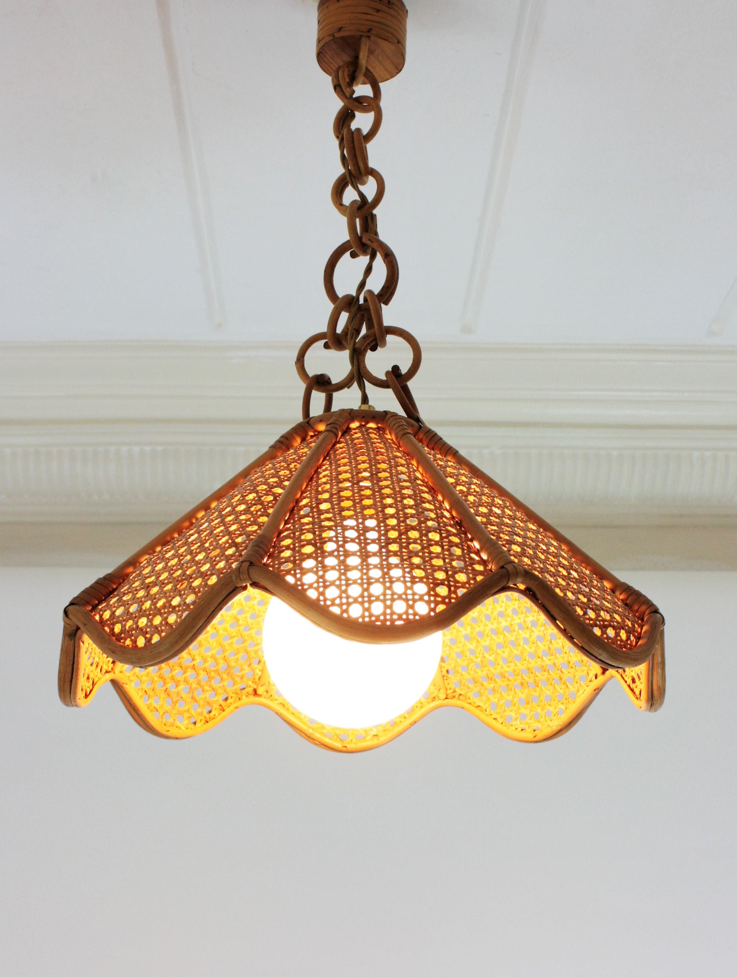 Spanish Modernist Woven Rattan and Bamboo Palm Pendant Lamp or Chandelier, 1960s 4