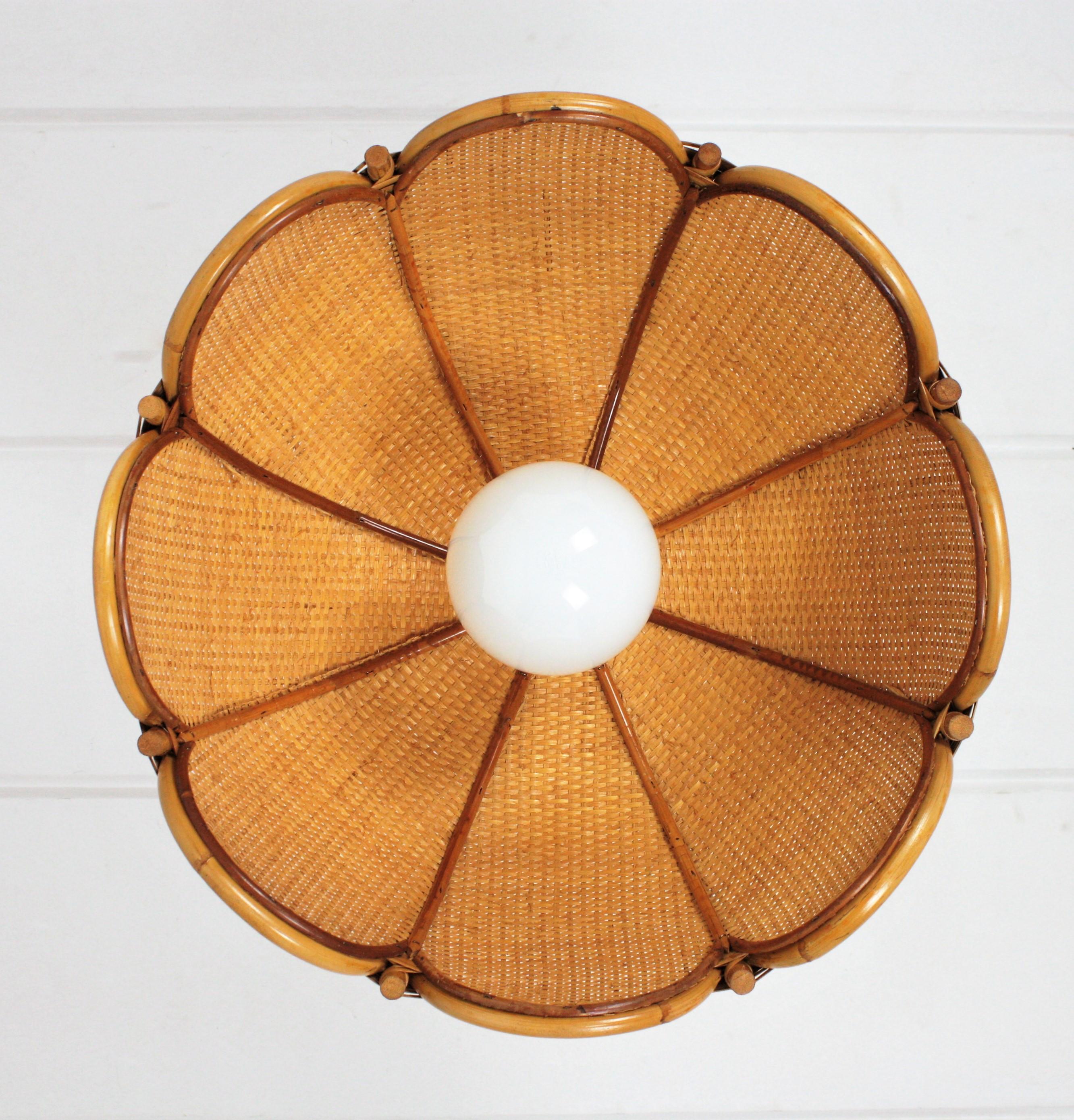 Spanish Modernist Woven Rattan and Bamboo Palm Pendant Lamp / Chandelier, 1960s 3